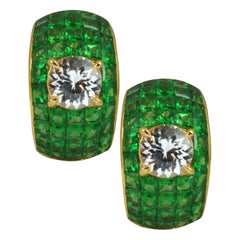 White Sapphire and Invisible Setting of Tsavorite Earrings in 18k Gold Settings