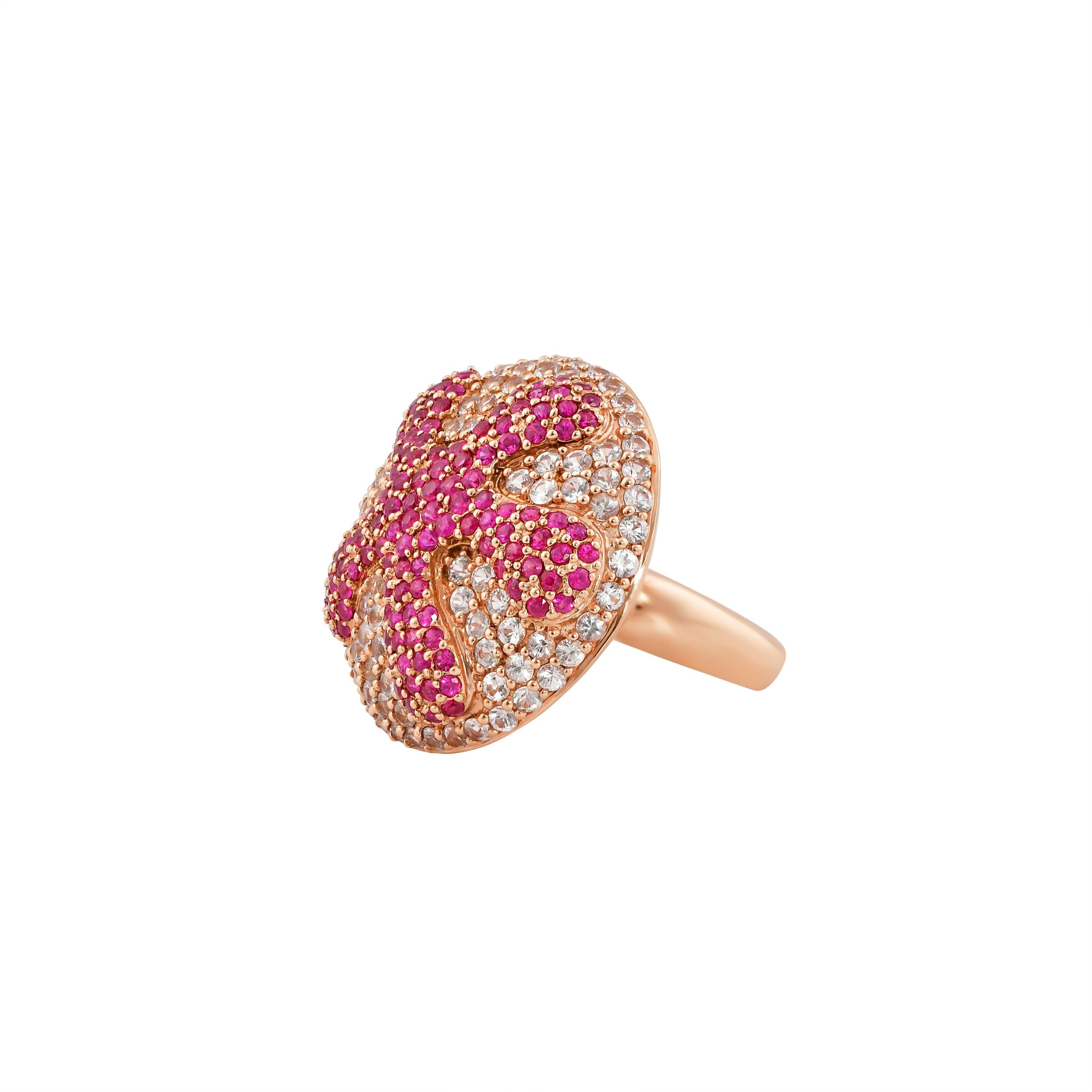 Contemporary White Sapphire and Ruby Ring in 14 Karat Rose Gold For Sale