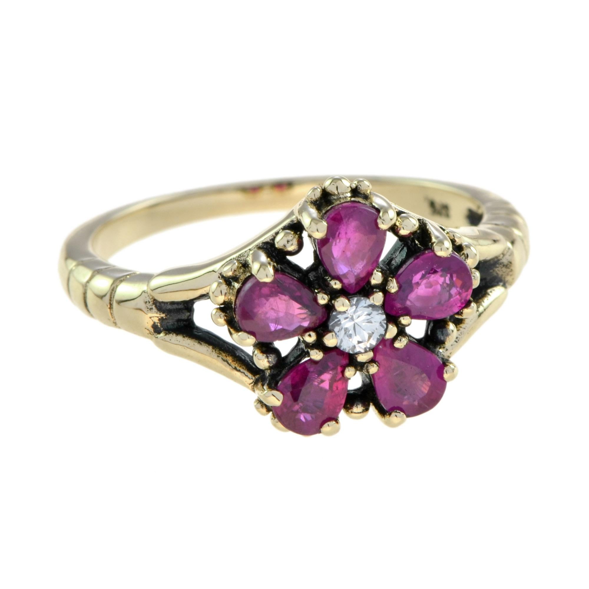 Vintage white sapphire and ruby ring is a classic design that would be a wonderful addition to your fine jewelry collection. A perfect piece to wear all year long, and the floral motif would be wonderful this season with a beautiful spring or summer