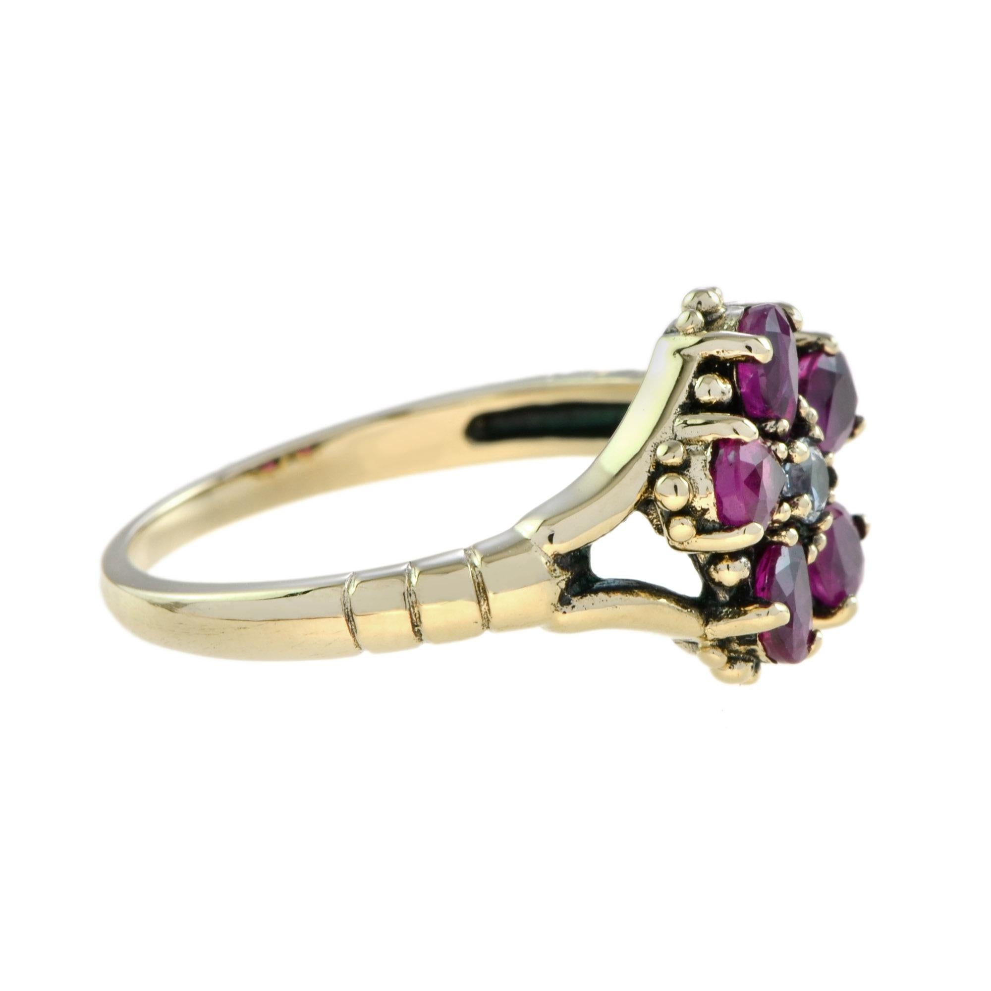 Round Cut White Sapphire and Ruby Vintage Style Floral Cluster Ring in 9K Yellow Gold For Sale