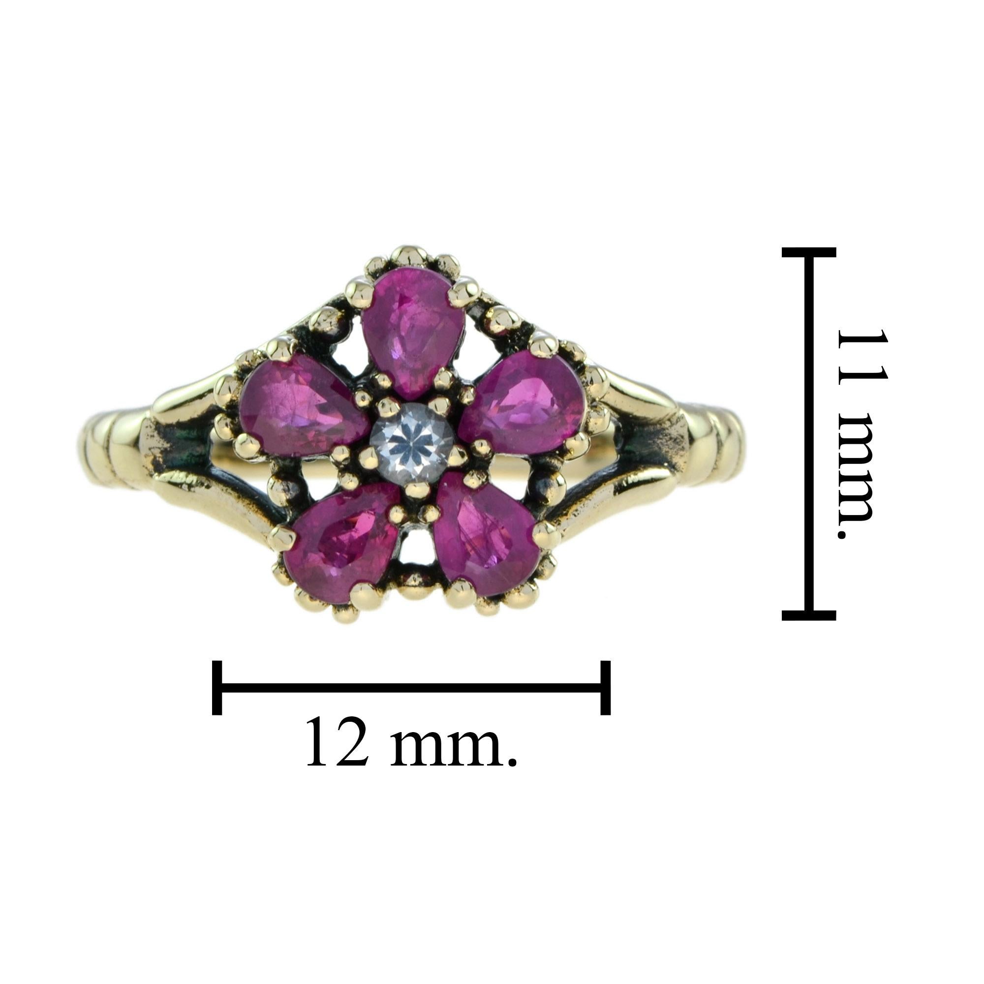 White Sapphire and Ruby Vintage Style Floral Cluster Ring in 9K Yellow Gold For Sale 1