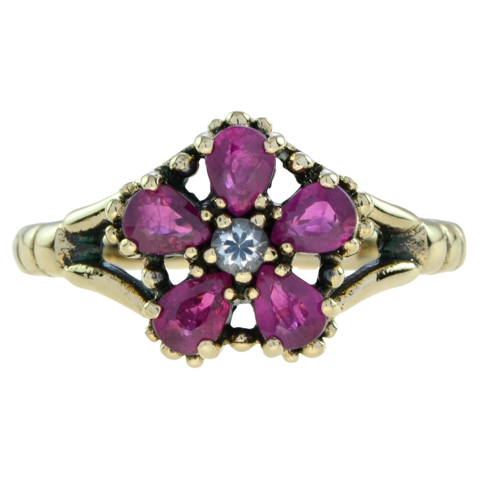 White Sapphire and Ruby Vintage Style Floral Cluster Ring in 9K Yellow Gold For Sale