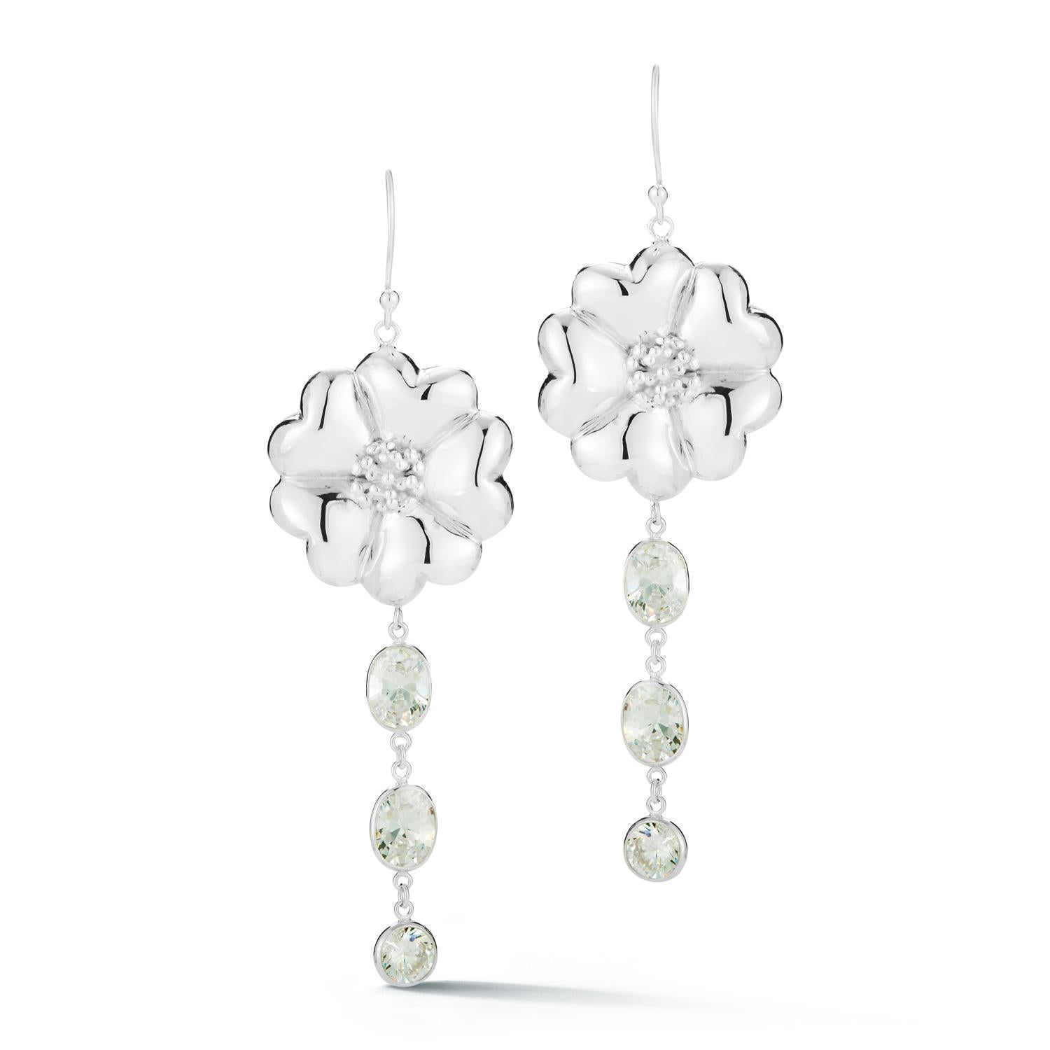 Modern White Topaz Blossom Mixed Stone Drop Earrings For Sale