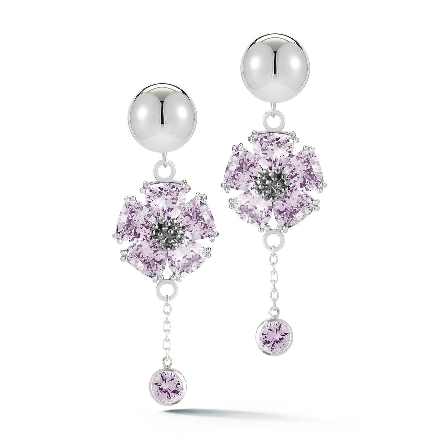 Modern White Sapphire Blossom Stone Bezel Drop Earrings For Sale