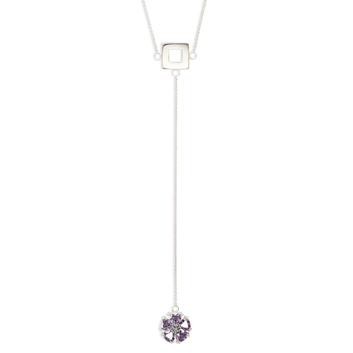 Modern White Topaz Blossom Stone and Square Lariat Necklace For Sale