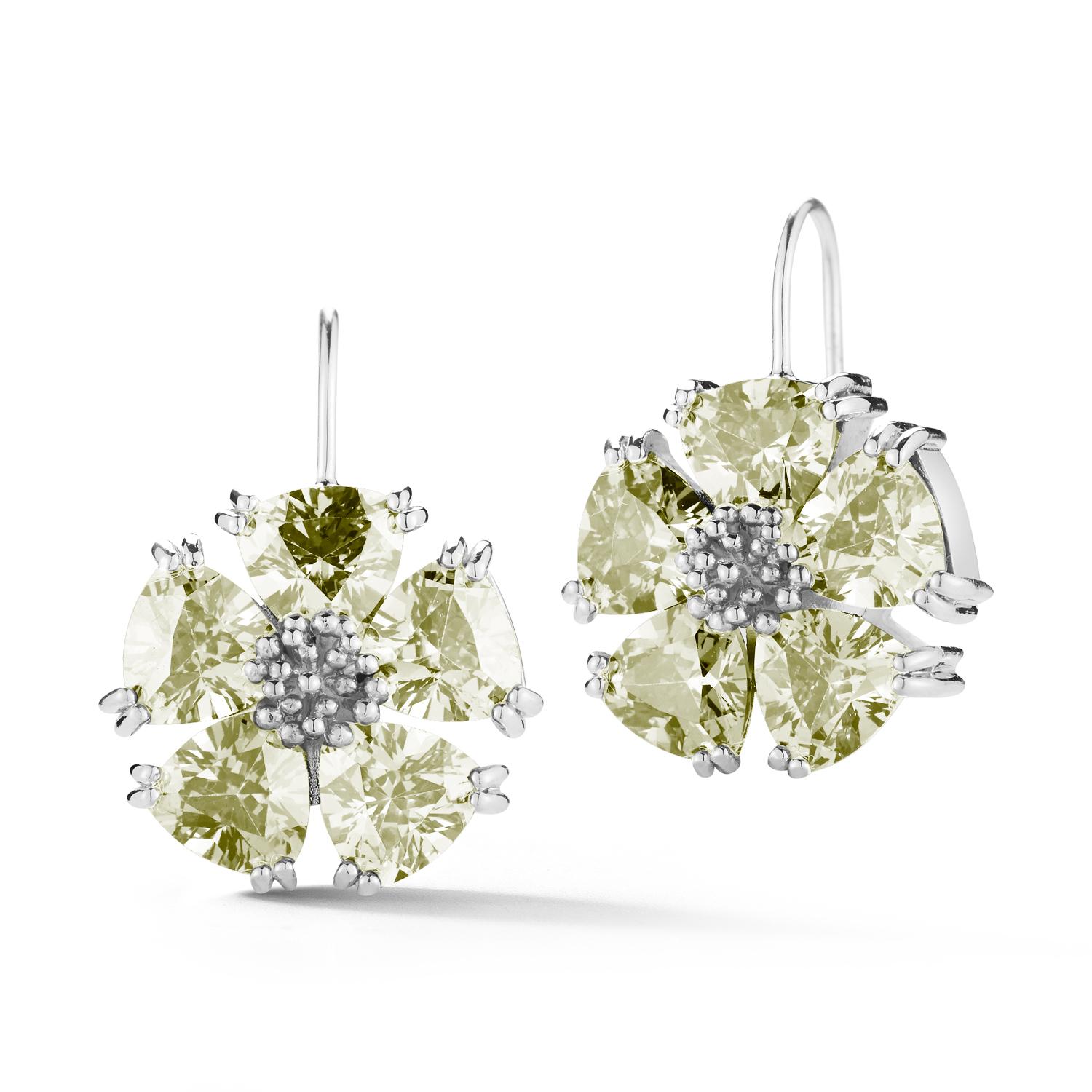 Trillion Cut White Topaz Blossom Stone Wire Drop Earrings For Sale