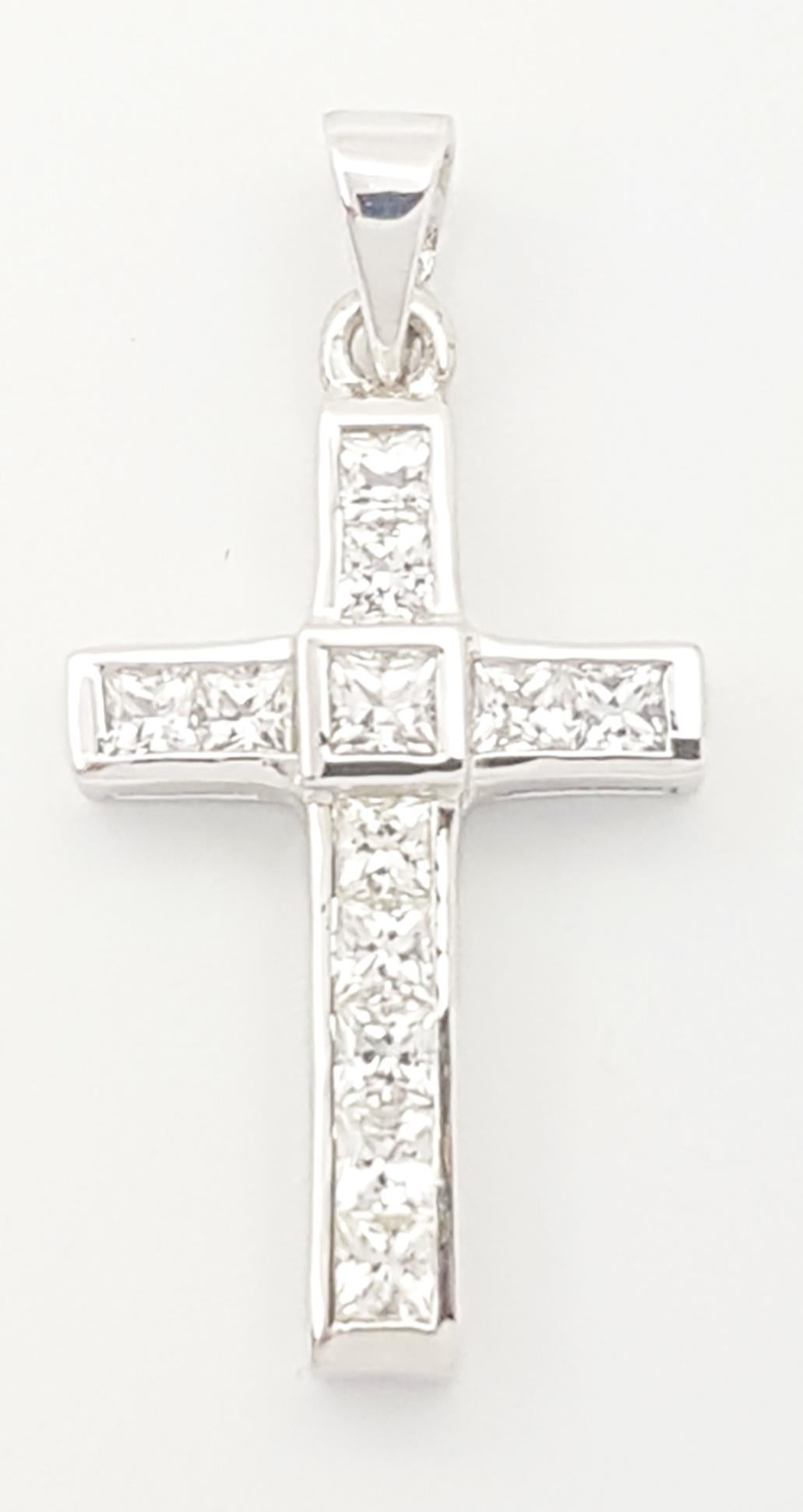 Contemporary White Sapphire Cross Pendant set in 18K White Gold Settings For Sale