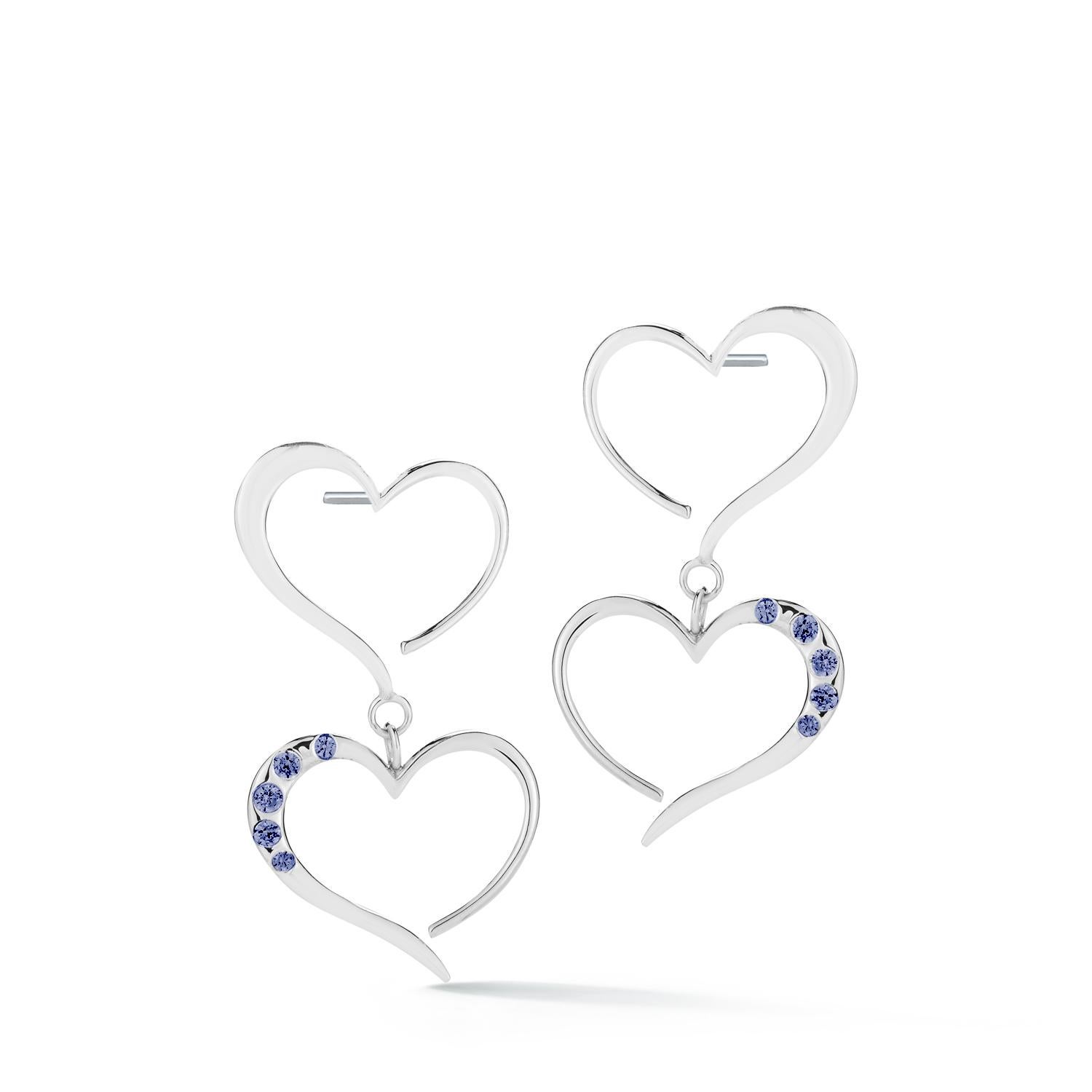 Trillion Cut White Topaz Double Heart Pave Dangle Earrings For Sale
