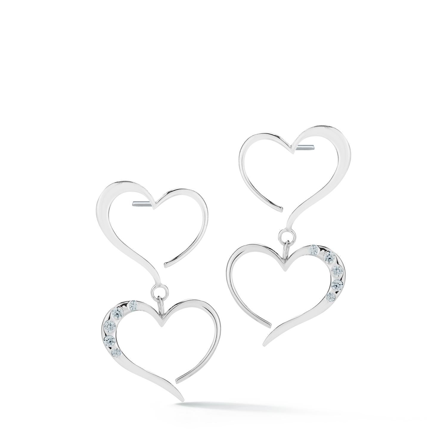 White Topaz Double Heart Pave Dangle Earrings In New Condition For Sale In New York, NY