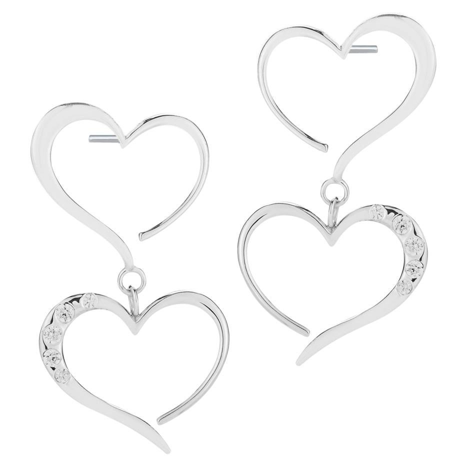 White Topaz Double Heart Pave Dangle Earrings For Sale