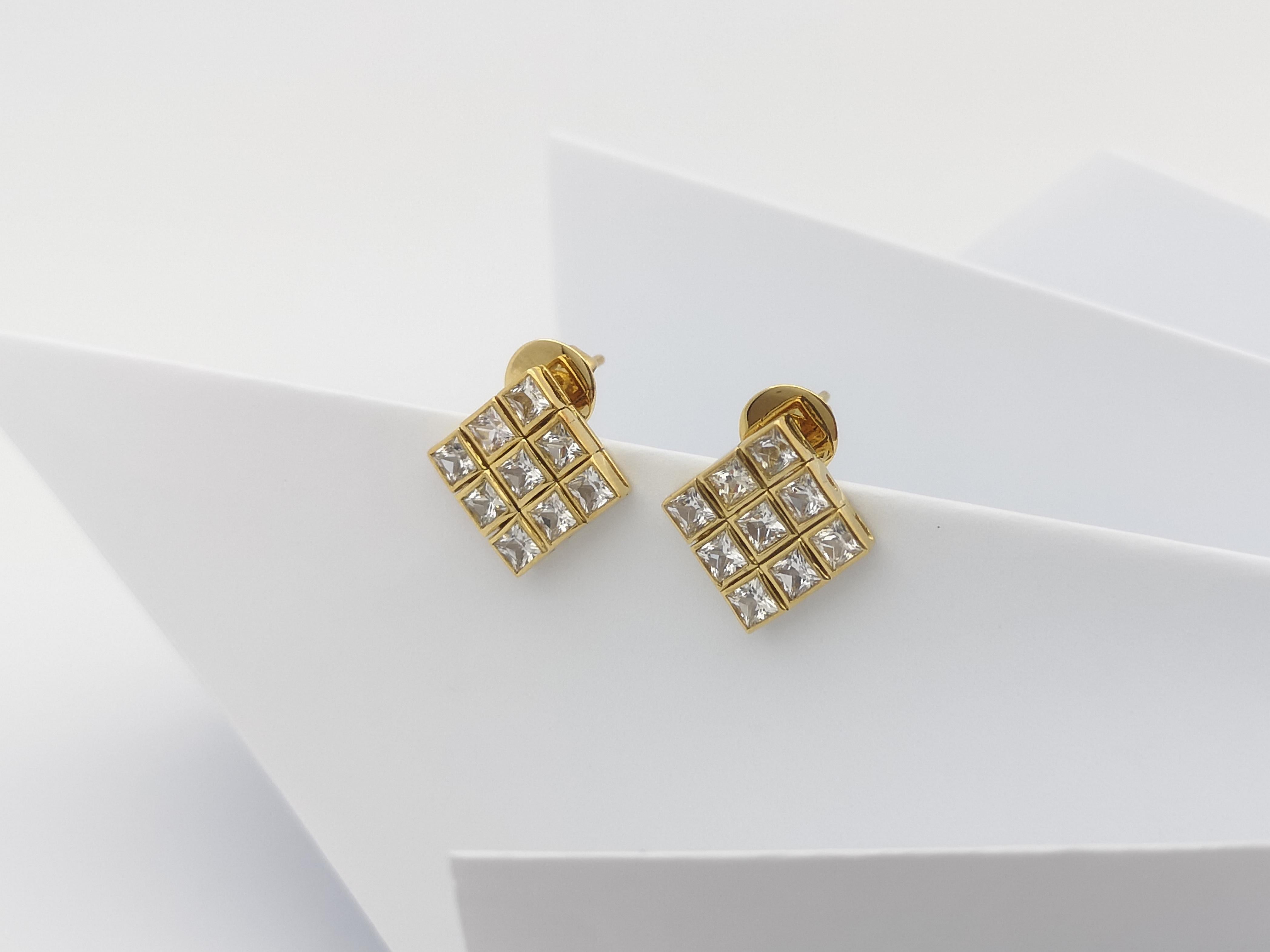 Square Cut White Sapphire Earrings Set in 18 Karat Gold Settings For Sale