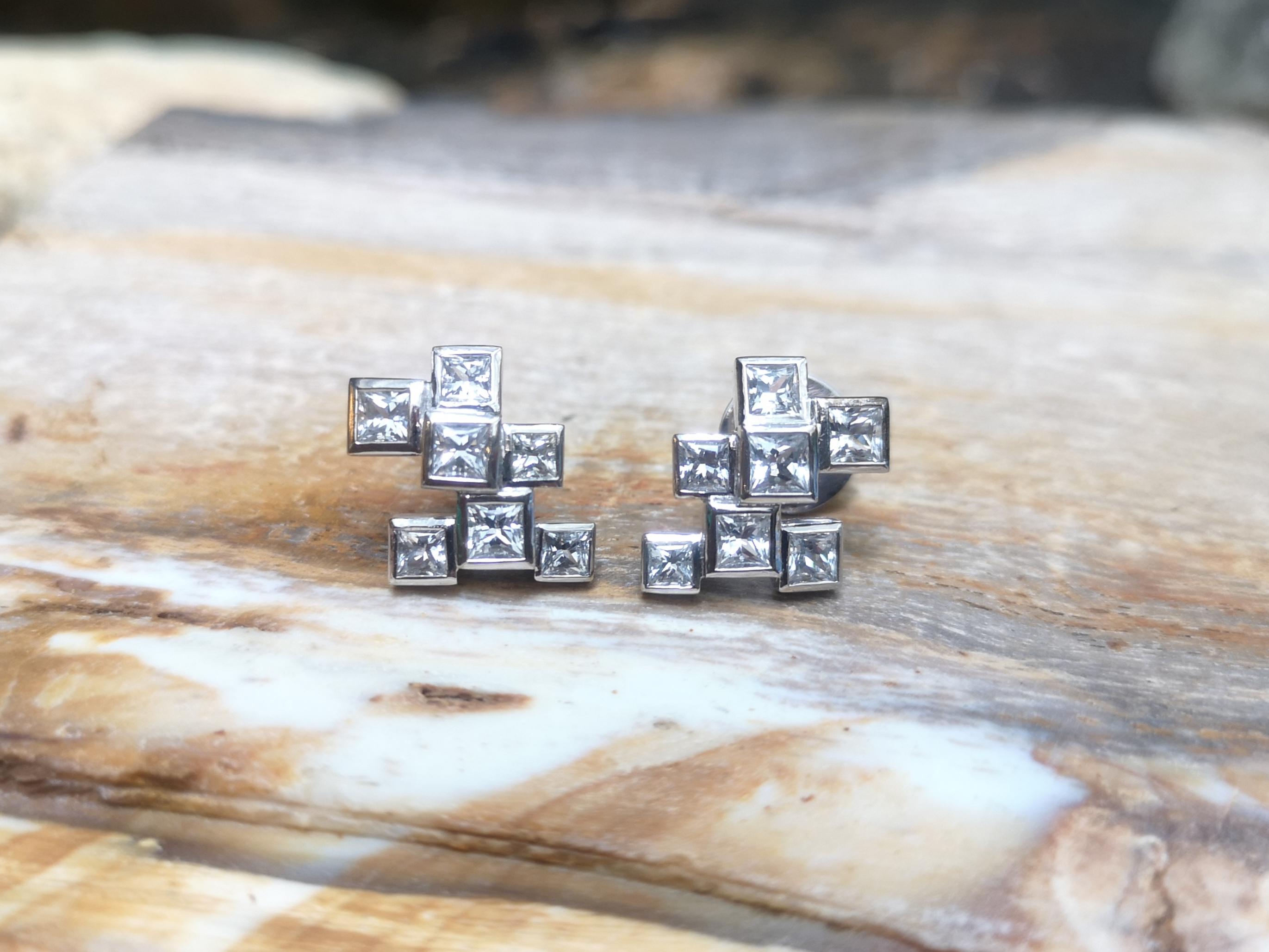 Princess Cut White Sapphire Earrings Set in 18 Karat White Gold Settings For Sale