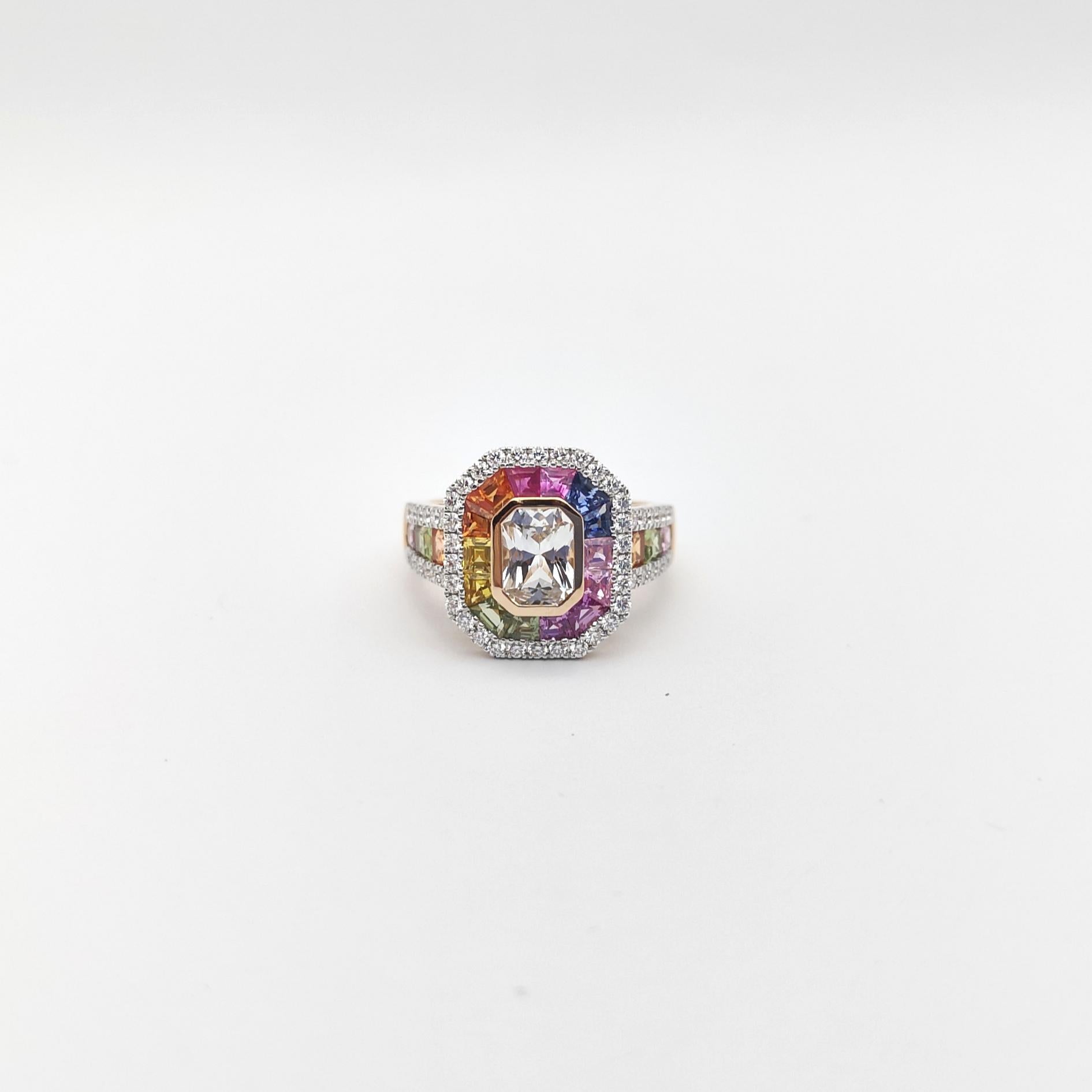 Ring mit weißem Saphir, Fancy-Saphir und Diamant in 18 Karat Roségoldfassung im Angebot 6