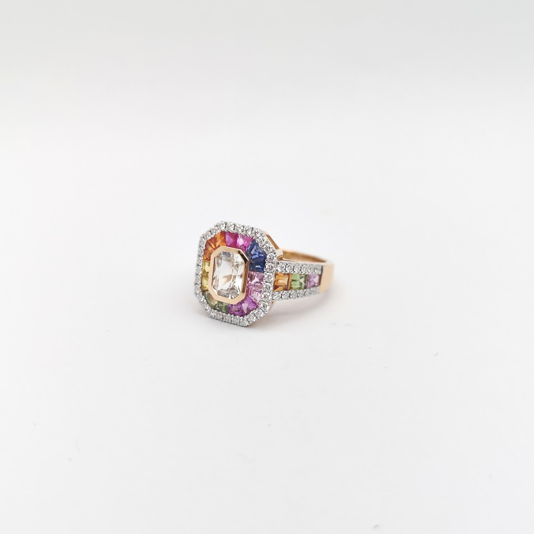 Ring mit weißem Saphir, Fancy-Saphir und Diamant in 18 Karat Roségoldfassung im Angebot 8