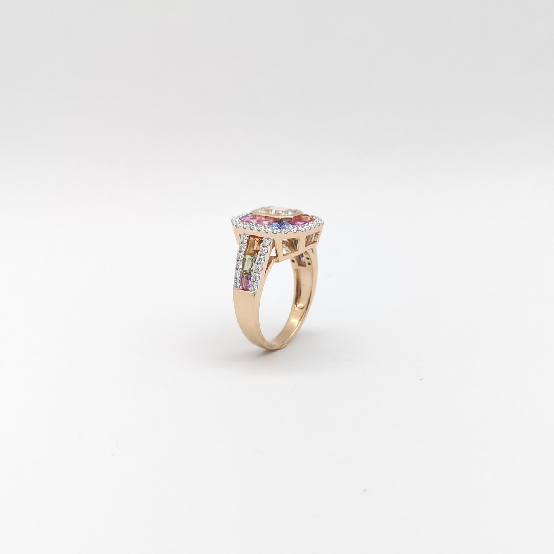 Ring mit weißem Saphir, Fancy-Saphir und Diamant in 18 Karat Roségoldfassung im Angebot 10