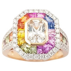 Bague en or rose 18 carats sertie de saphirs blancs, de saphirs fantaisie et de diamants