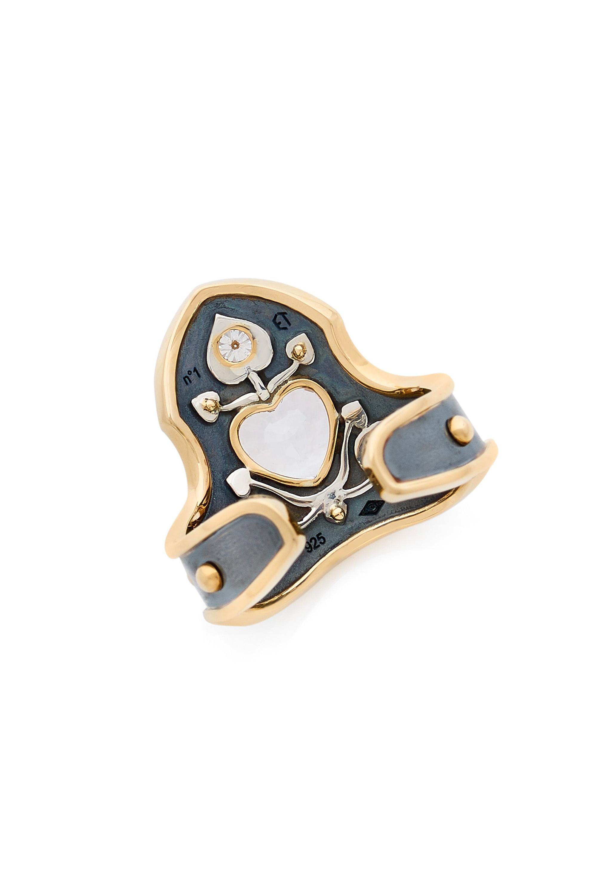 Neoclassical White Sapphire Heart Blason Ring in 18k Yellow Gold by Elie Top