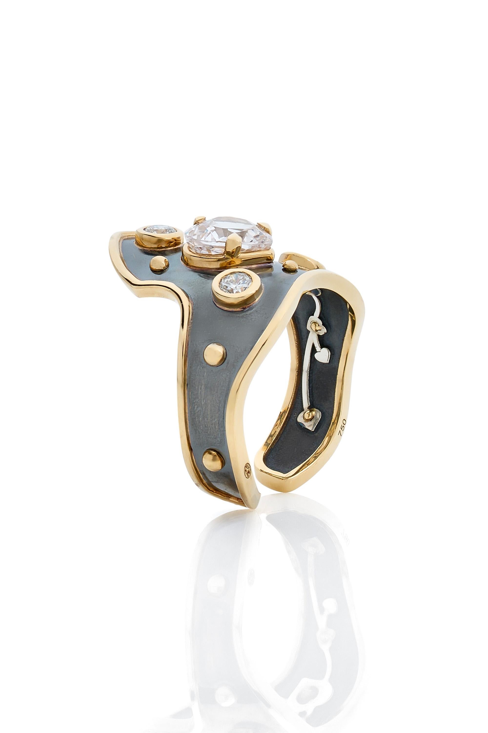 Cushion Cut White Sapphire Heart Blason Ring in 18k Yellow Gold by Elie Top