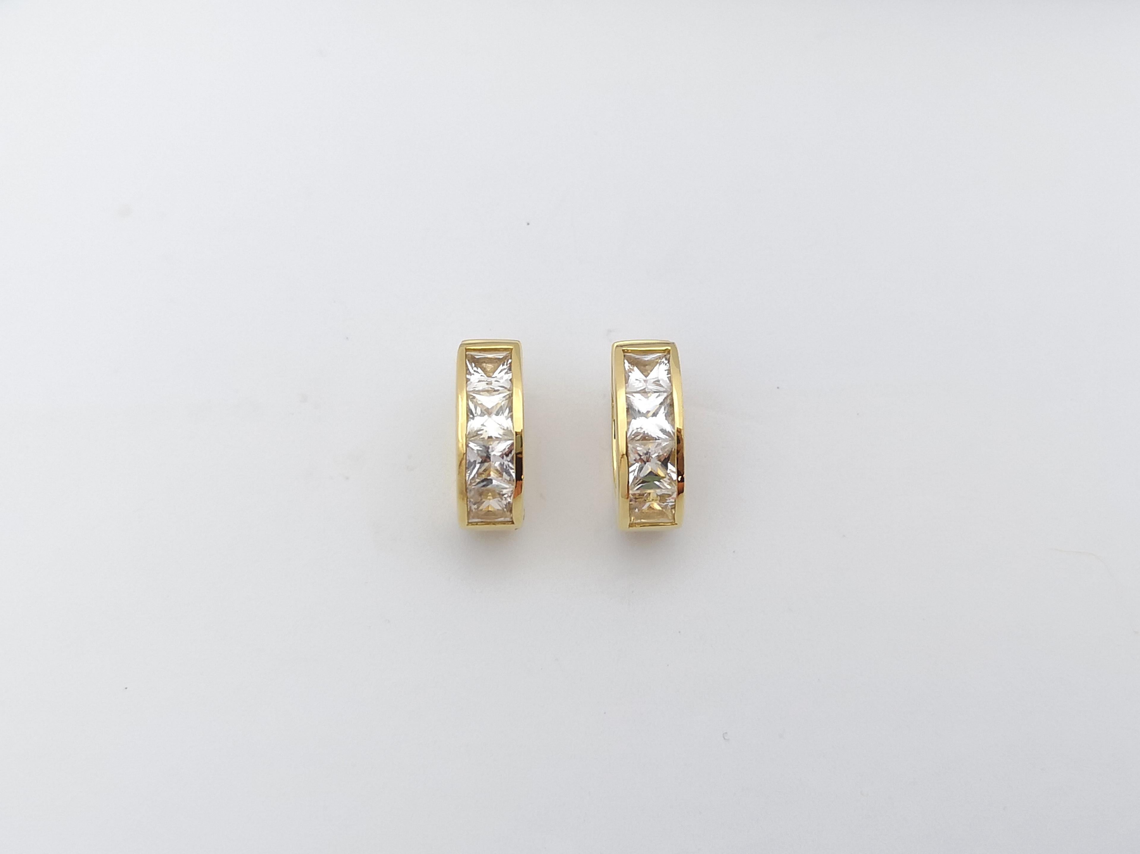 Square Cut White Sapphire Huggies Earrings set in 18 Karat Gold Settings For Sale