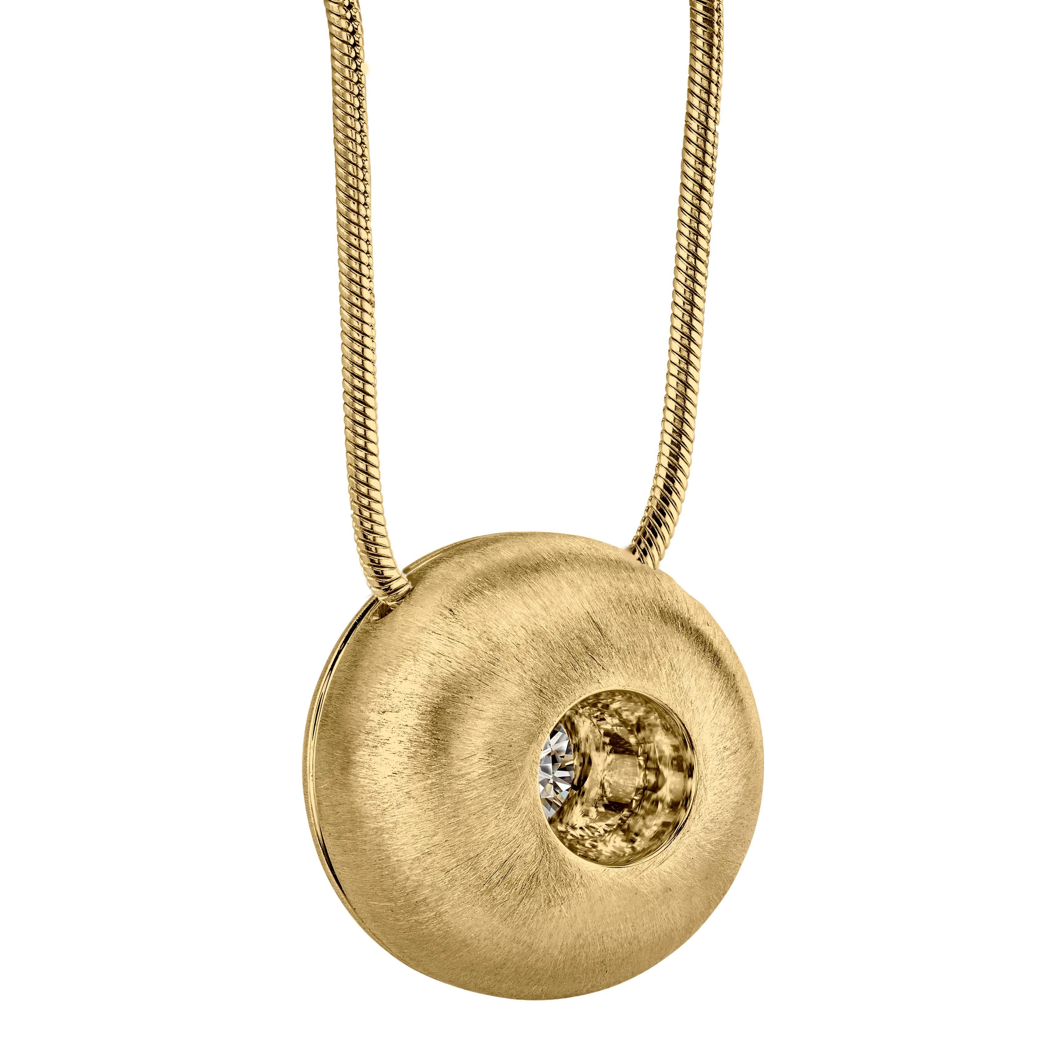 This White Sapphire in Large Yellow Gold Dome Pendant, part of our Power Series, is a symbolic design inspired by the idea of looking inward, the notion of what a person needs is already inside of them. The clean and classic lines are imaginative,