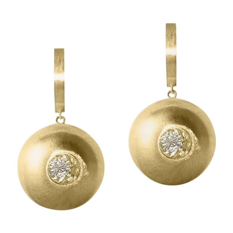 White Sapphire in Yellow Gold Dome Drop Earrings For Sale