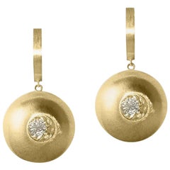 White Sapphire in Yellow Gold Dome Drop Earrings