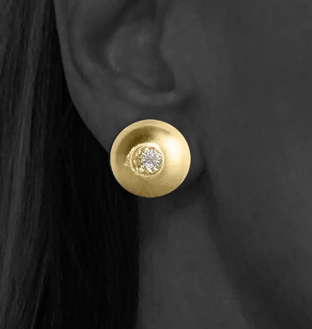 Round Cut White Sapphire in Yellow Gold Dome Stud Earrings For Sale