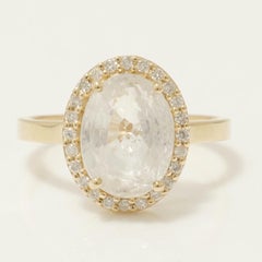 Anello con zaffiro bianco e diamante ovale a raggiera in oro massiccio 14k (certificato)