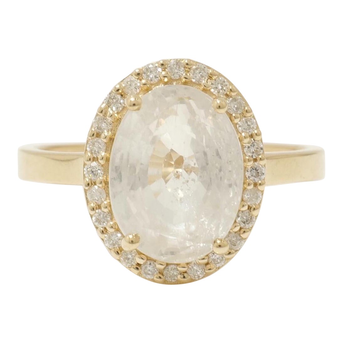 Anello con zaffiro bianco e diamante ovale a raggiera in oro massiccio 14k (certificato) in vendita