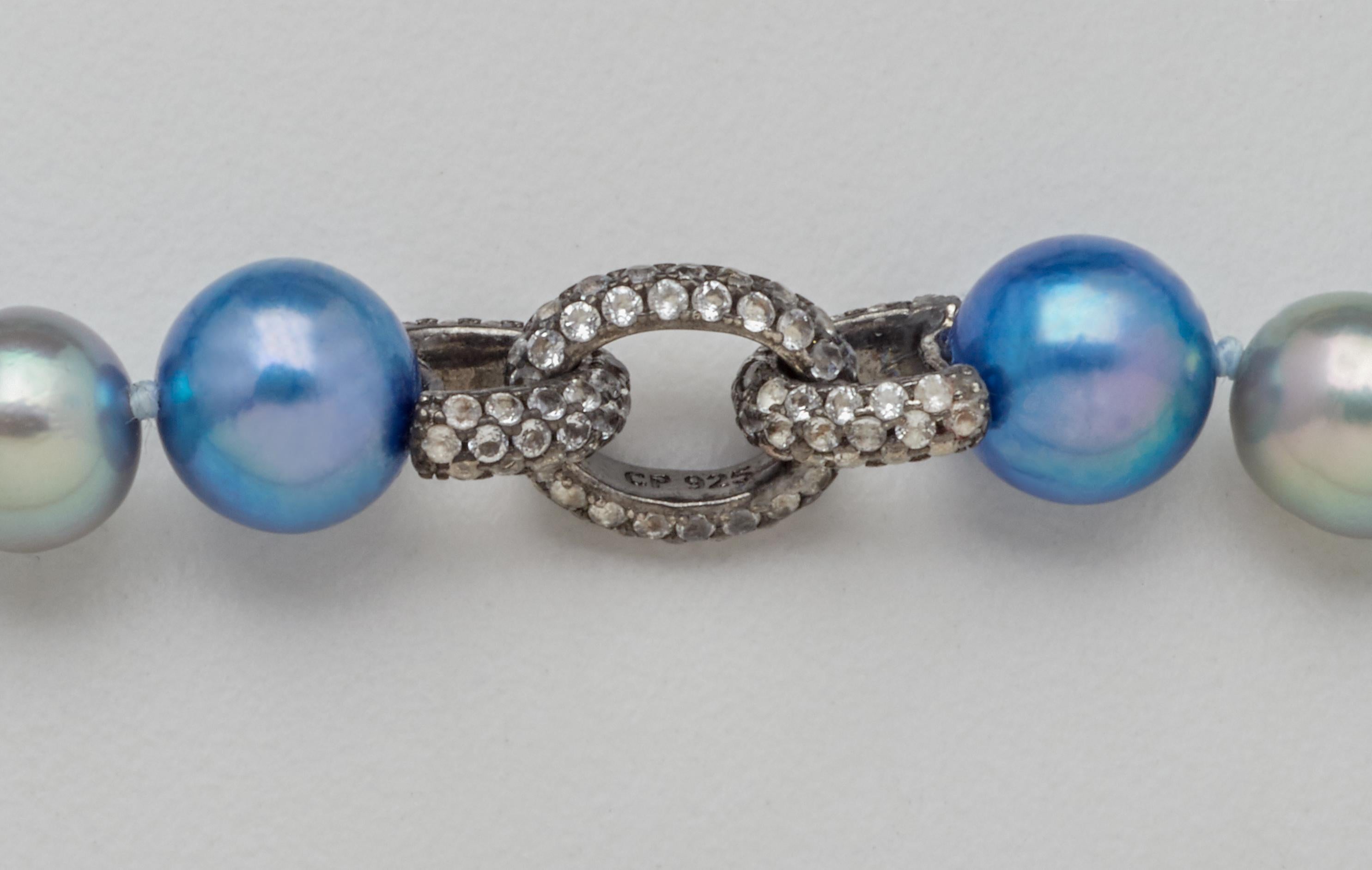 Artisan White Sapphire & Oxidized Silver Link Blue Gray Akoya Pearl Bracelet 