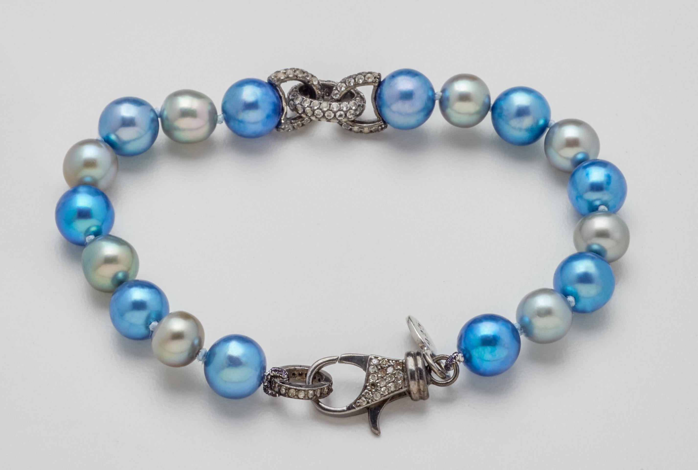 White Sapphire & Oxidized Silver Link Blue Gray Akoya Pearl Bracelet  1