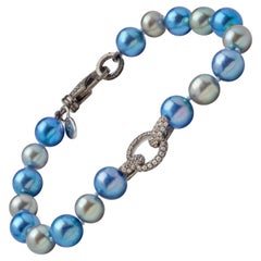 White Sapphire & Oxidized Silver Link Blue Gray Akoya Pearl Bracelet 