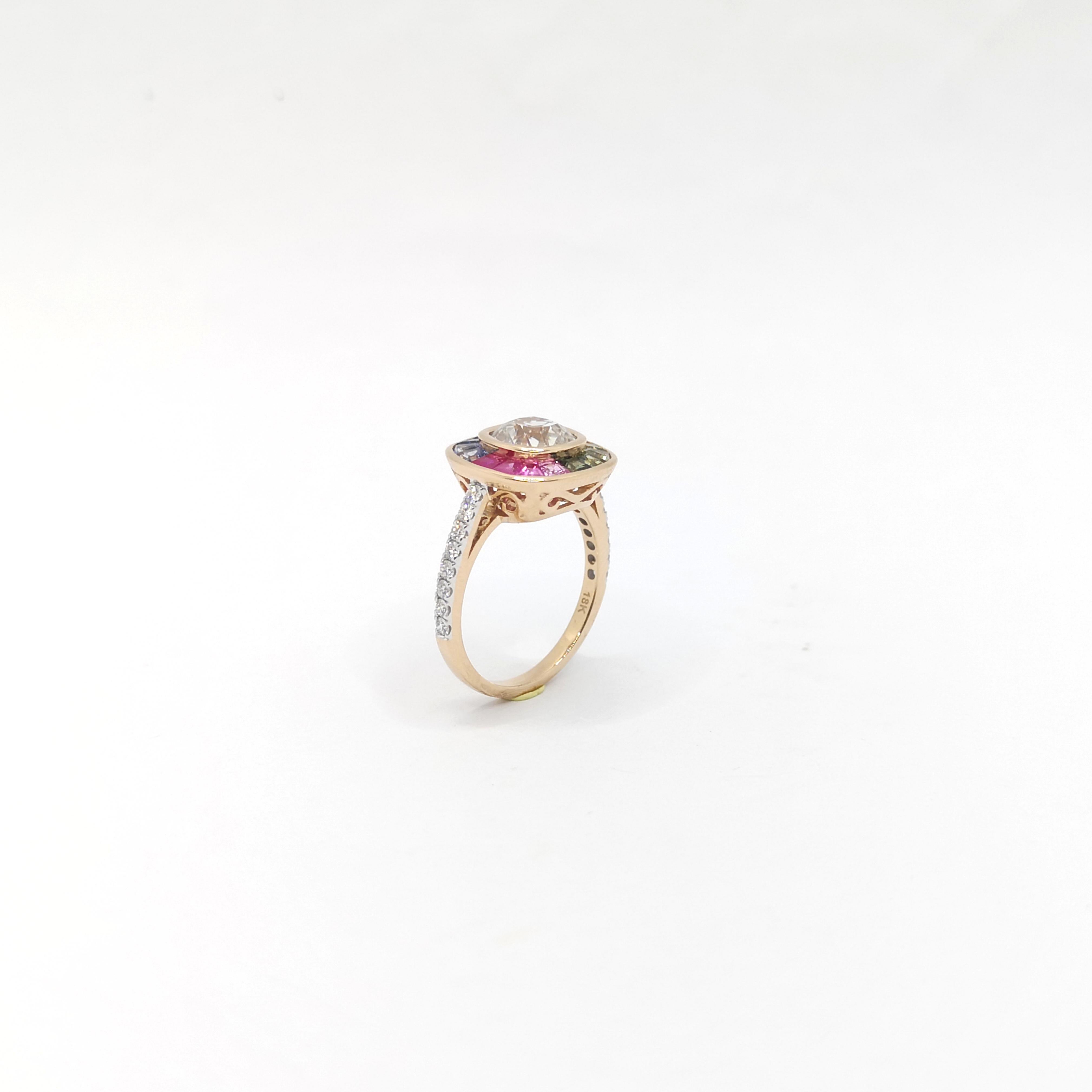 Weißer Saphir, regenbogenfarbener Saphir und Diamantring aus 18 Karat Roségold im Angebot 4