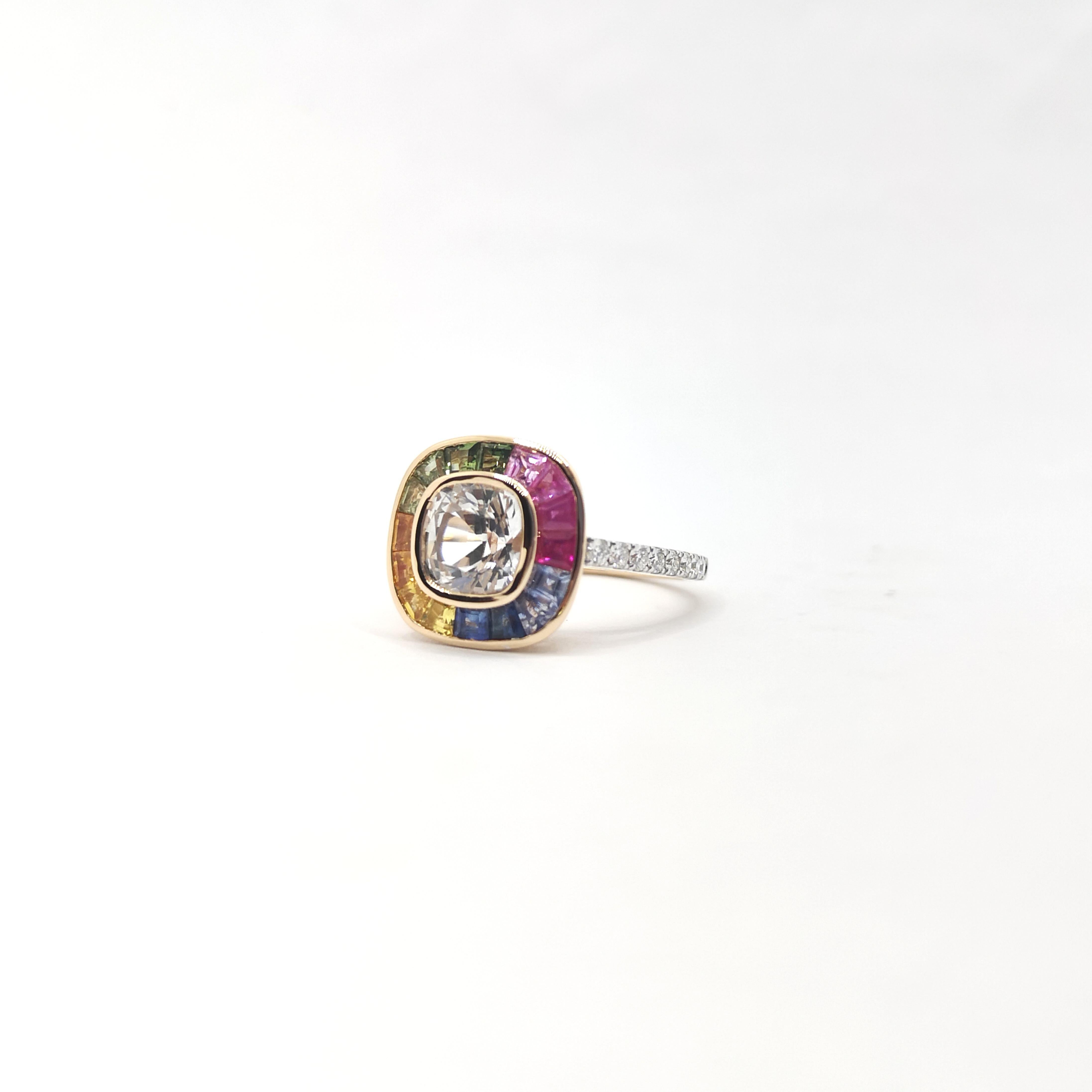 Weißer Saphir, regenbogenfarbener Saphir und Diamantring aus 18 Karat Roségold im Angebot 7