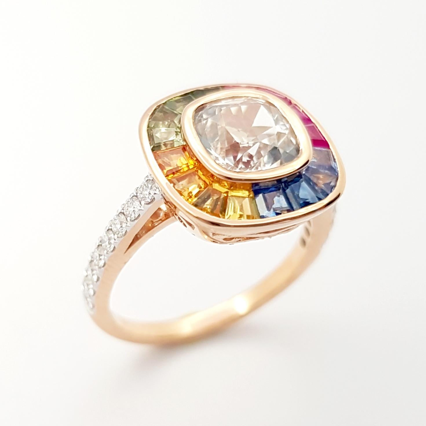 Weißer Saphir, regenbogenfarbener Saphir und Diamantring aus 18 Karat Roségold im Angebot 2