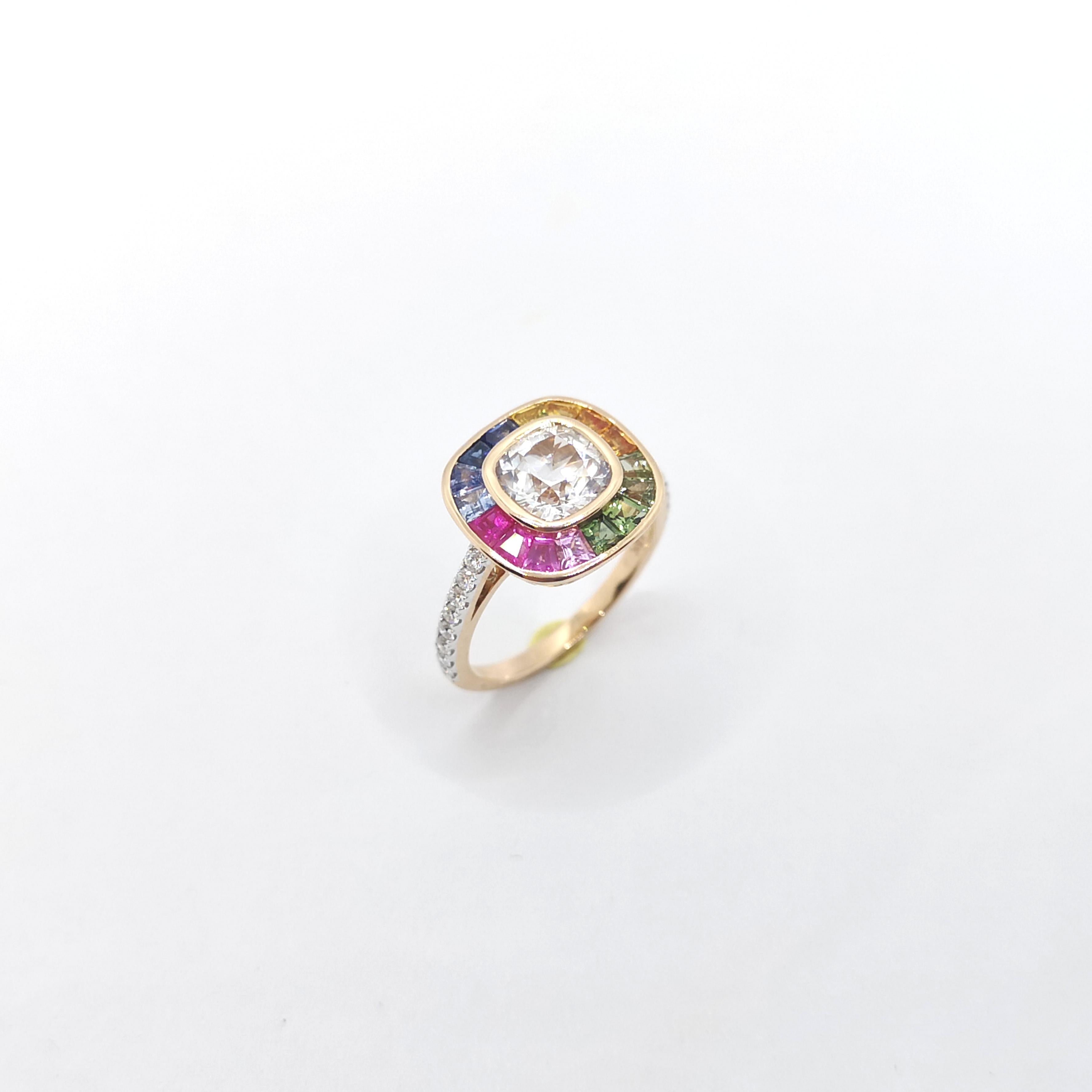 Weißer Saphir, regenbogenfarbener Saphir und Diamantring aus 18 Karat Roségold im Angebot 3