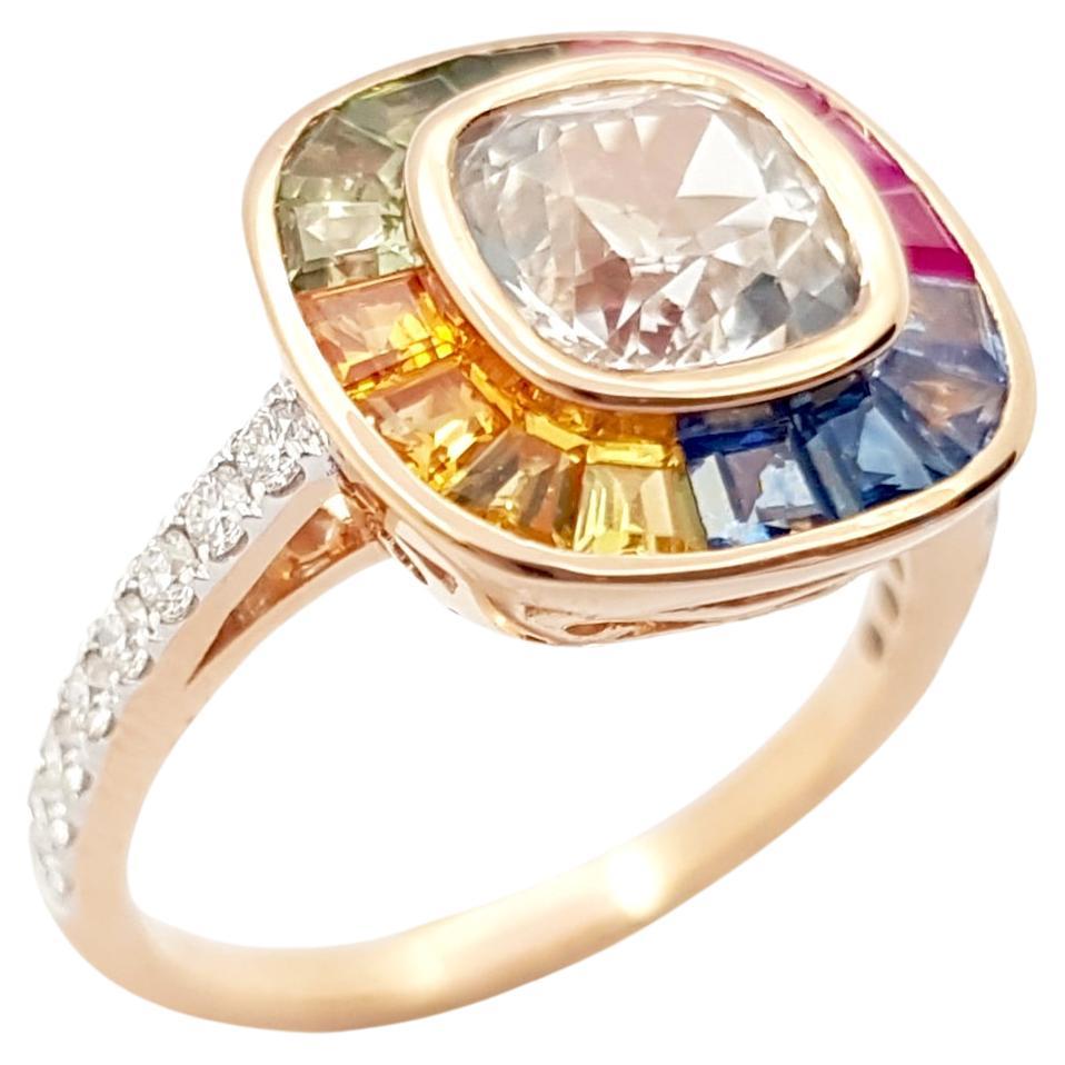 White Sapphire, Rainbow Color Sapphire and Diamond Ring set in 18K Rose Gold