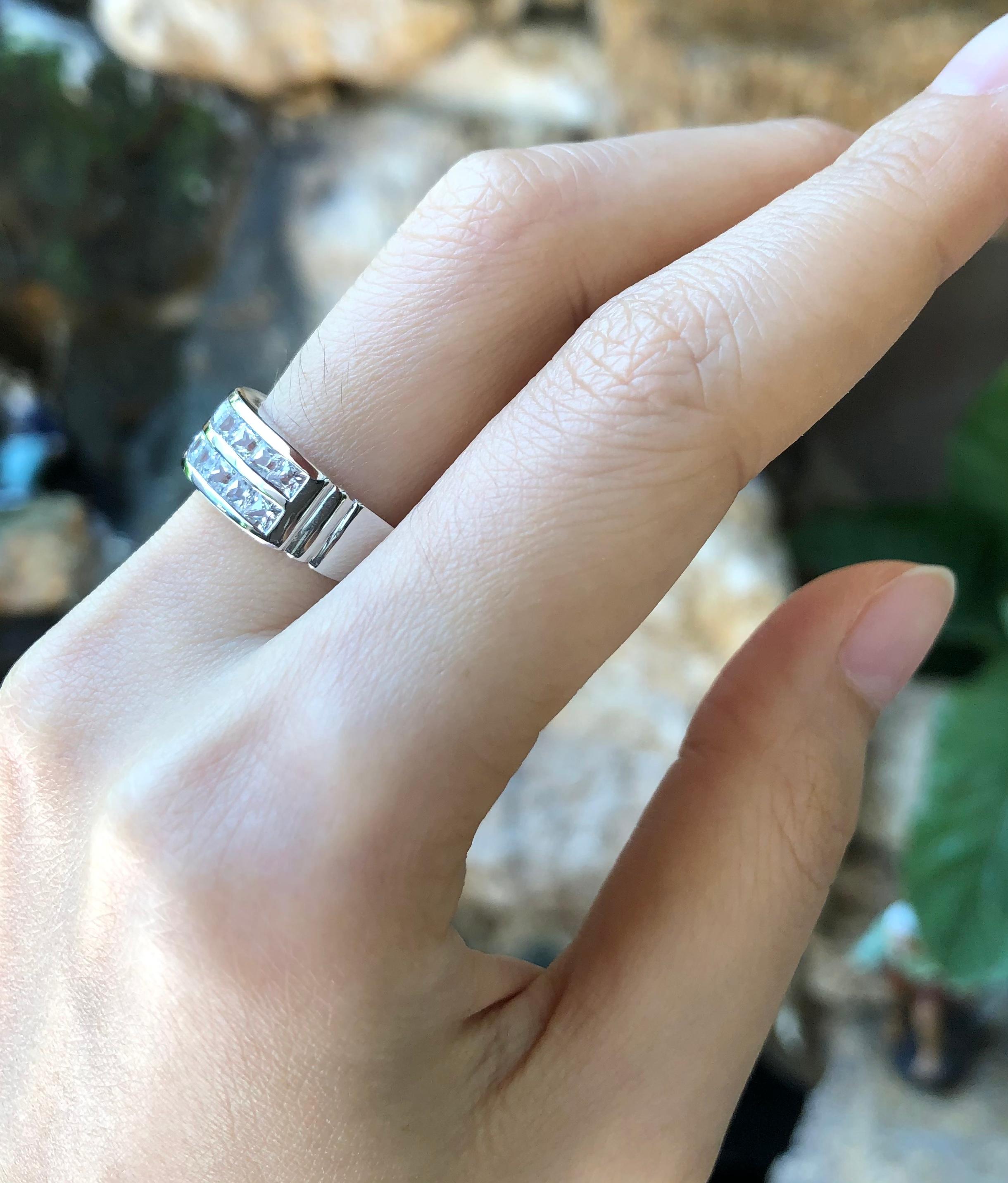 Princess Cut White Sapphire Ring Set in 18 Karat White Gold Settings For Sale