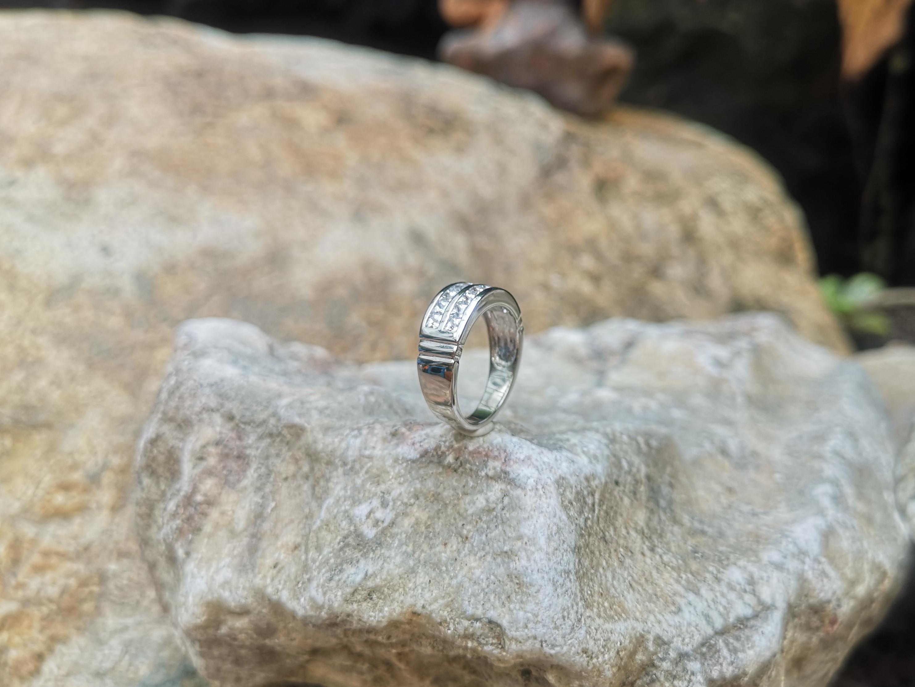 Women's or Men's White Sapphire Ring Set in 18 Karat White Gold Settings For Sale