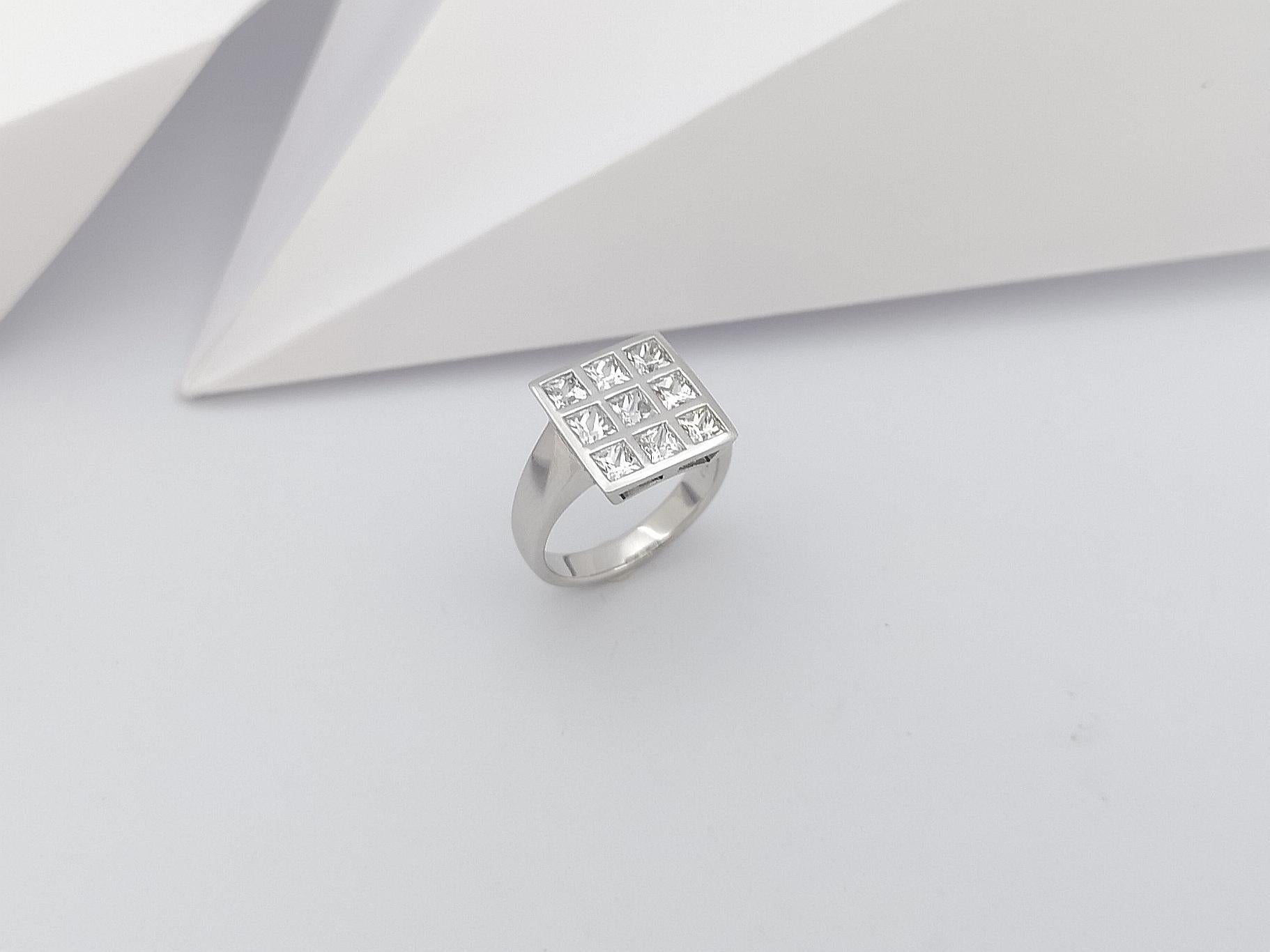 Women's or Men's White Sapphire Ring Set in 18 Karat White Gold Settings For Sale