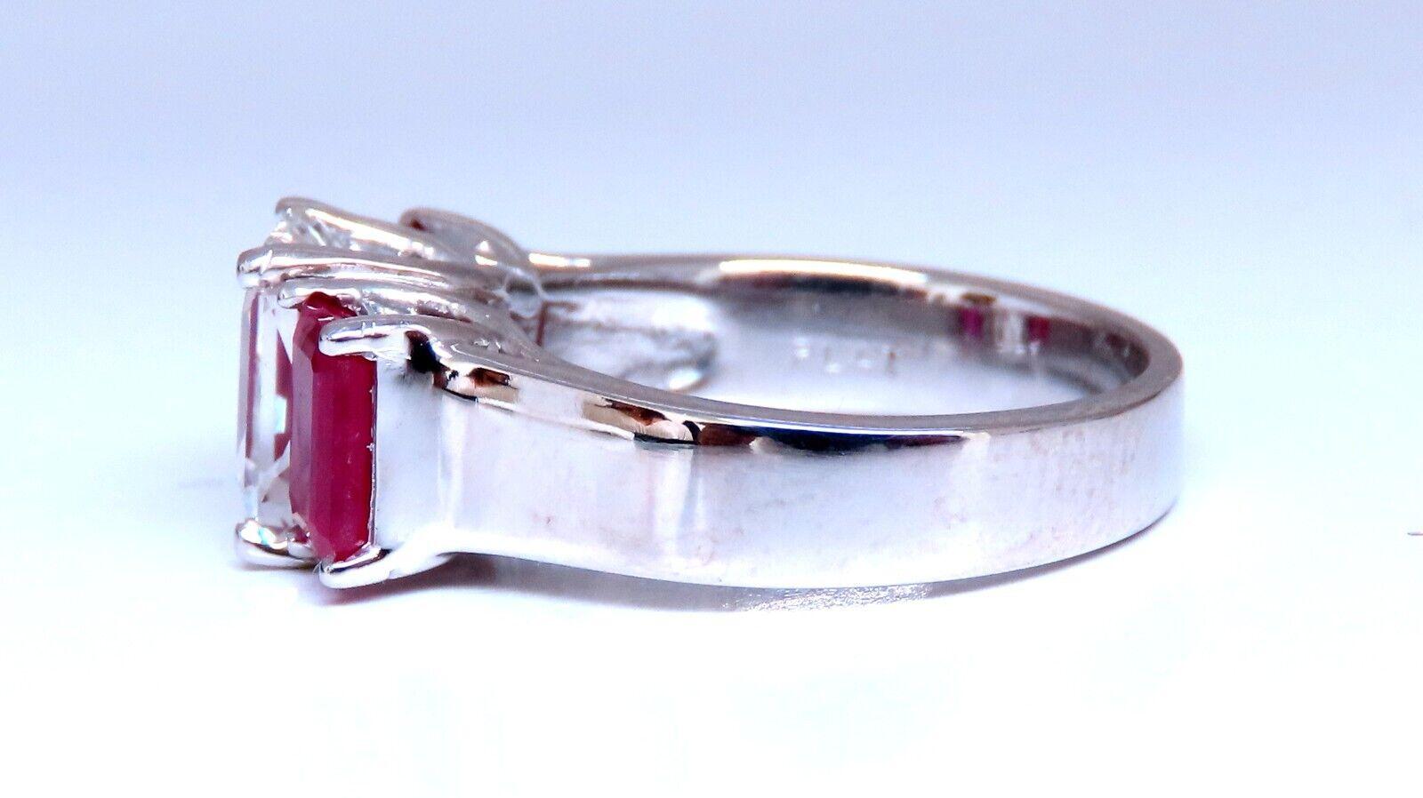 1.90ct Natural White sapphire ring.

(VS) Clean Clarity 

8 X 6mm



1.90ct side natural emerald cut rubies

Semi Transparent/ vivid red.



Platinum

8.7 grams.

Depth: 7mm

current ring size: 5

can be resized 

please inquire 

$7,000 appraisal