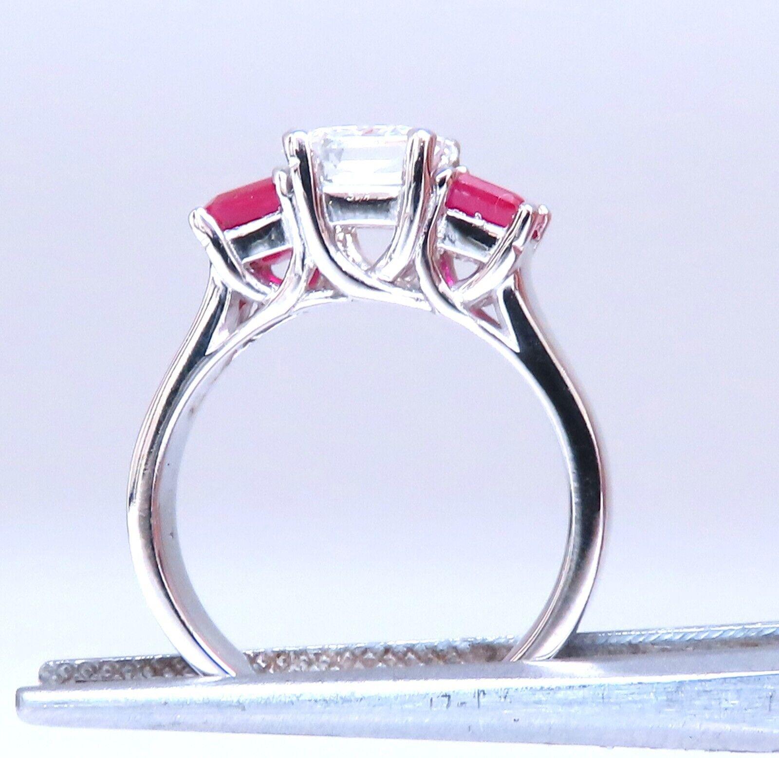Emerald Cut White Sapphire & Ruby Ring Platinum For Sale
