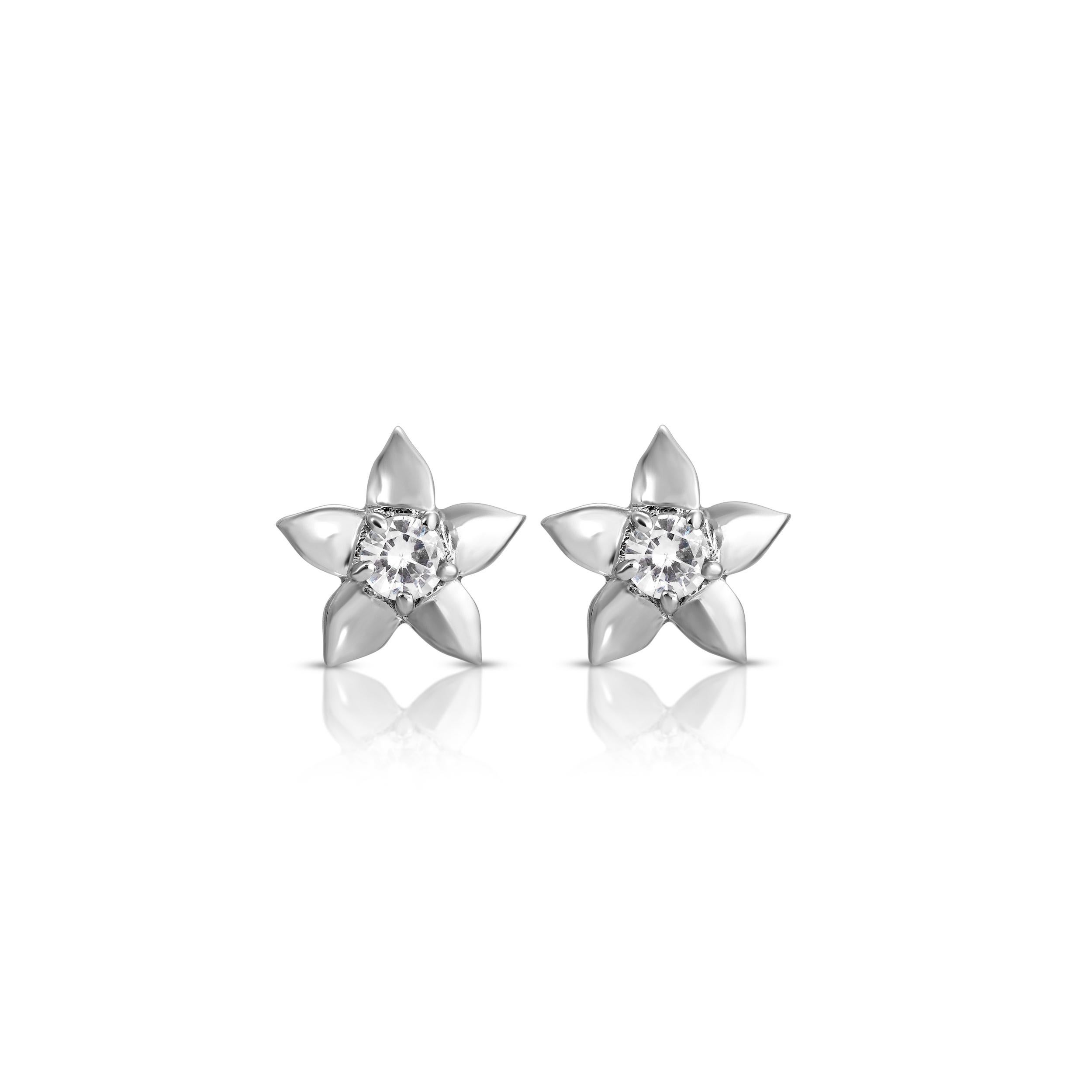 Gorgeous stud earrings in a modern star design. These earrings feature .80 Carats of sparkling white Sapphires set on stud earrings with stem and butterfly closures. These earrings are set in Silver with a stylish high-polish White Gold finish.