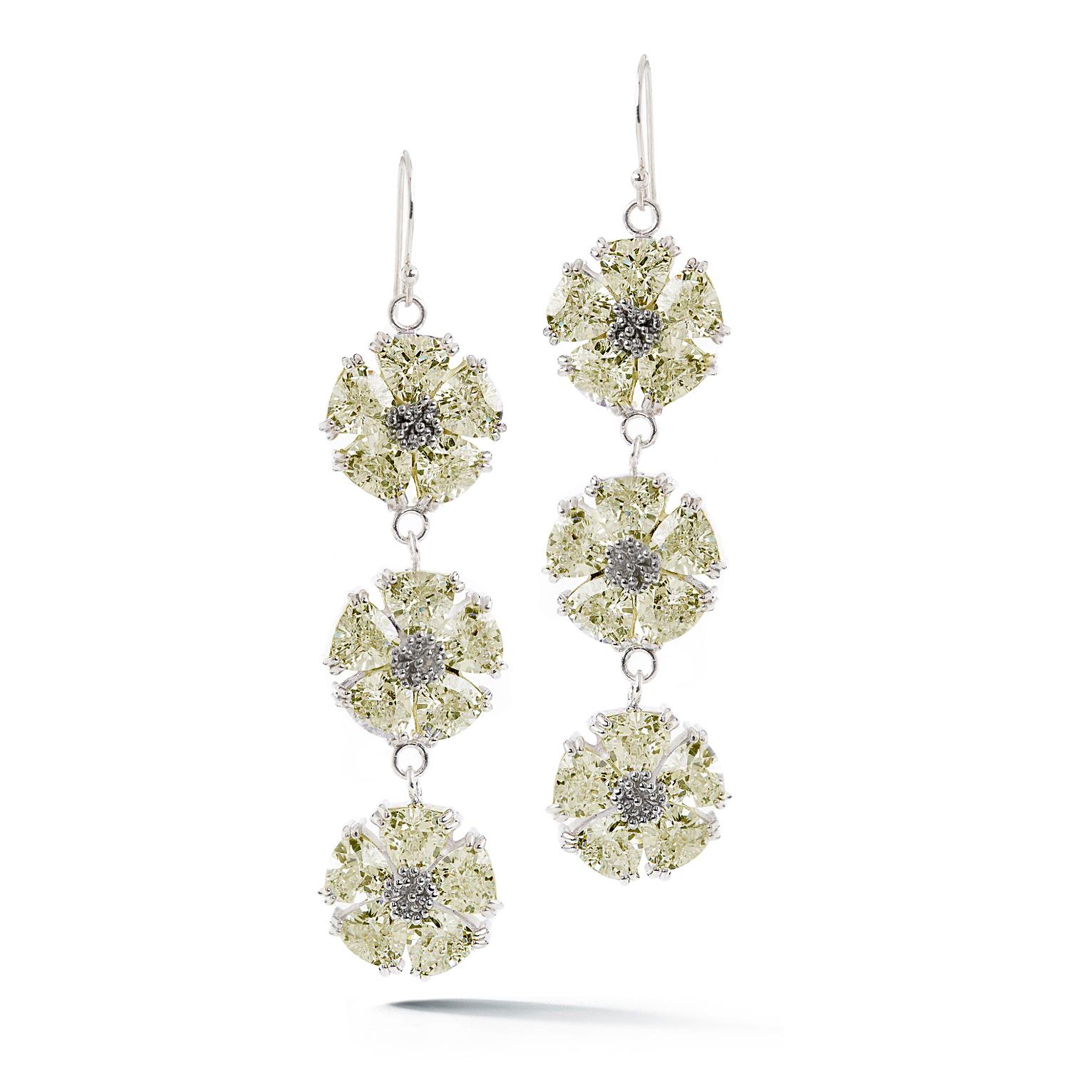 Modern White Sapphire Triple Blossom Stone Bling Earrings For Sale