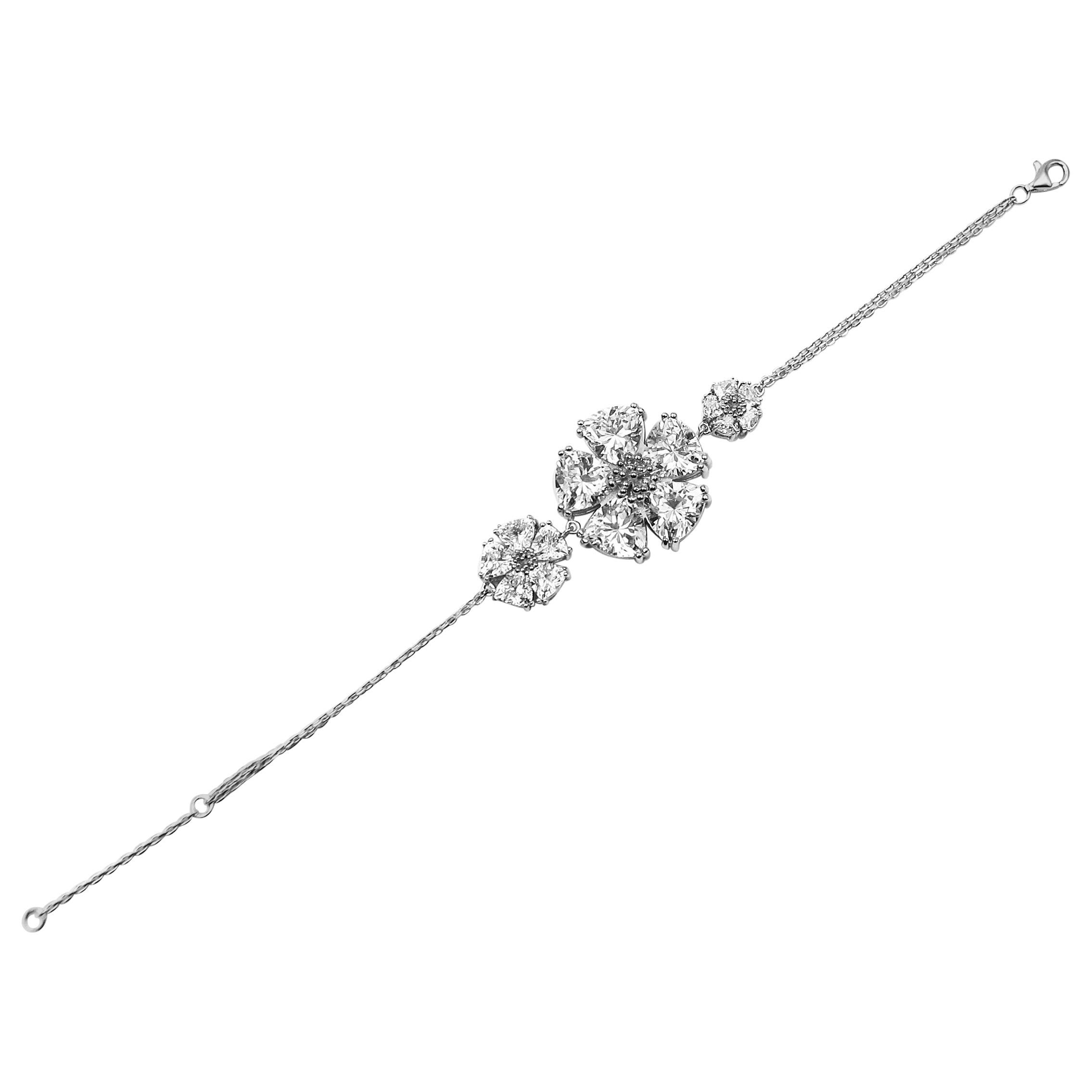 White Sapphire Triple Blossom Stone Chain Bracelet For Sale