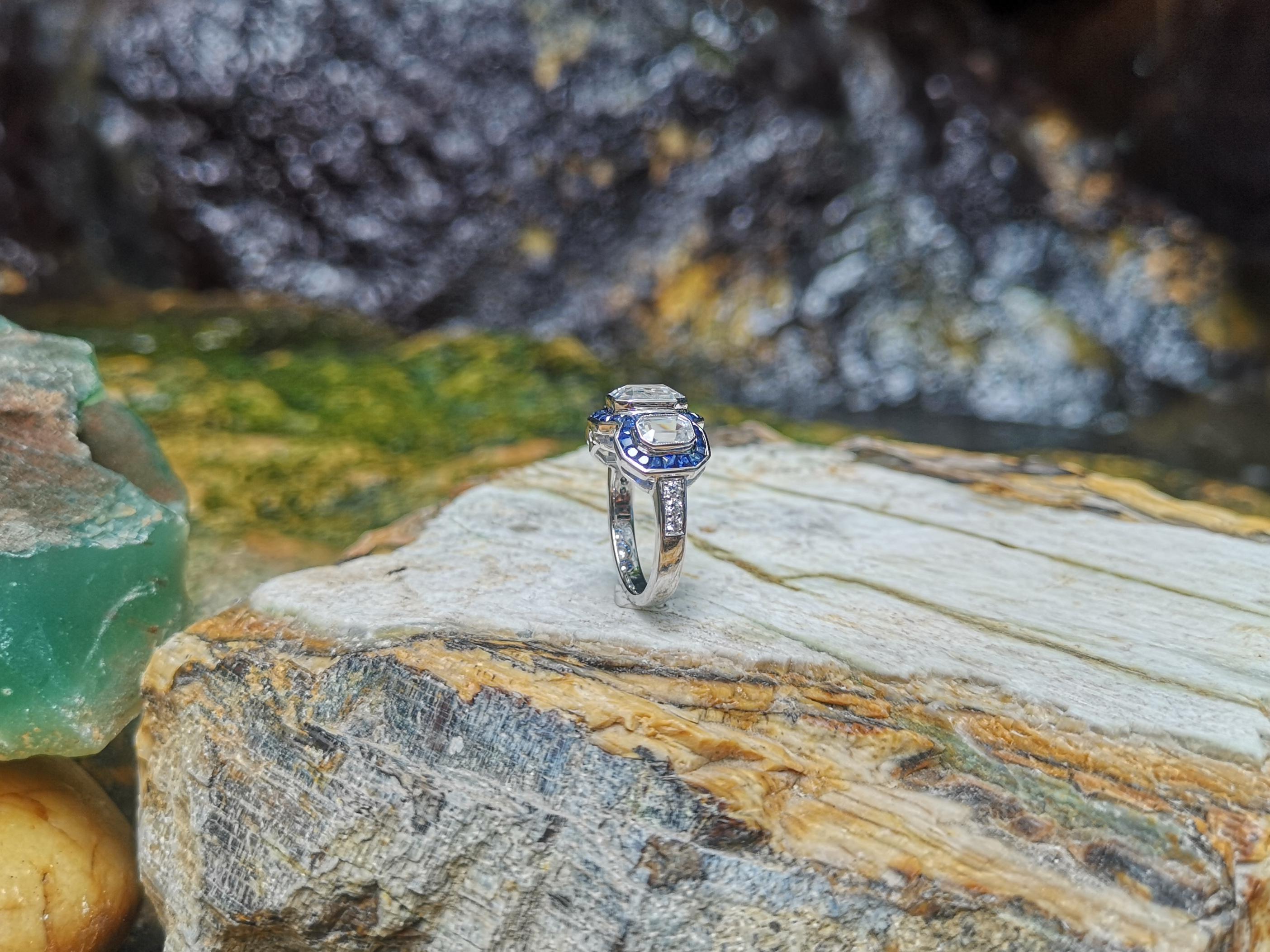 White Sapphire with Blue Sapphire and Diamond Ring Set in 18 Karat White Gold For Sale 4
