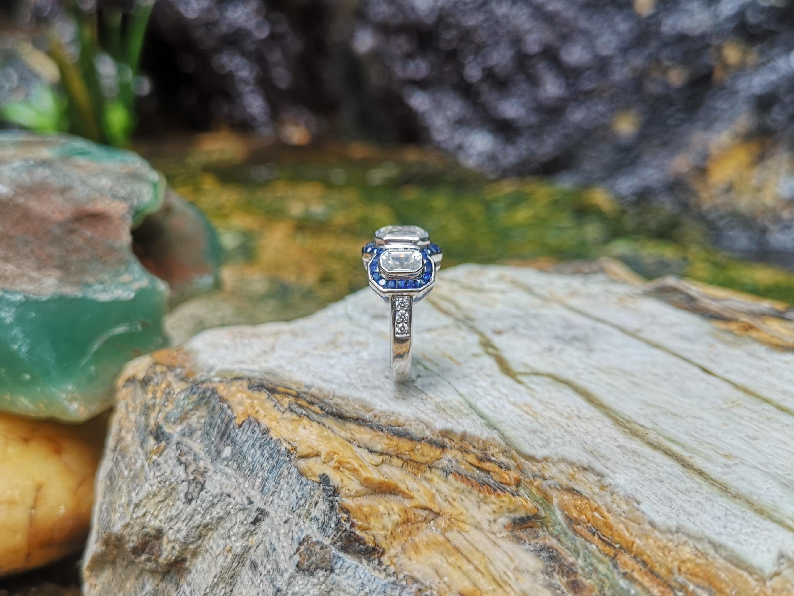 White Sapphire with Blue Sapphire and Diamond Ring Set in 18 Karat White Gold For Sale 5