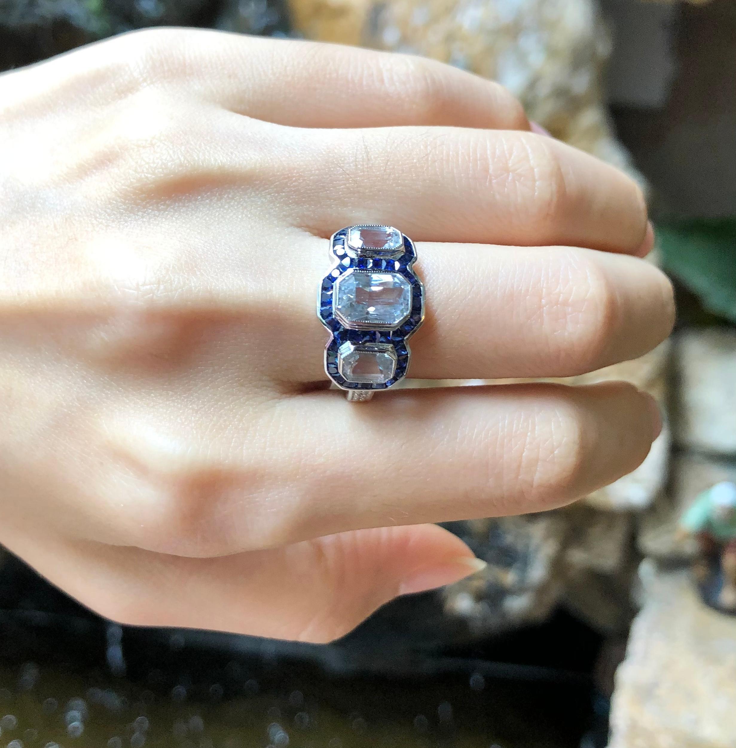 Mixed Cut White Sapphire with Blue Sapphire and Diamond Ring Set in 18 Karat White Gold For Sale
