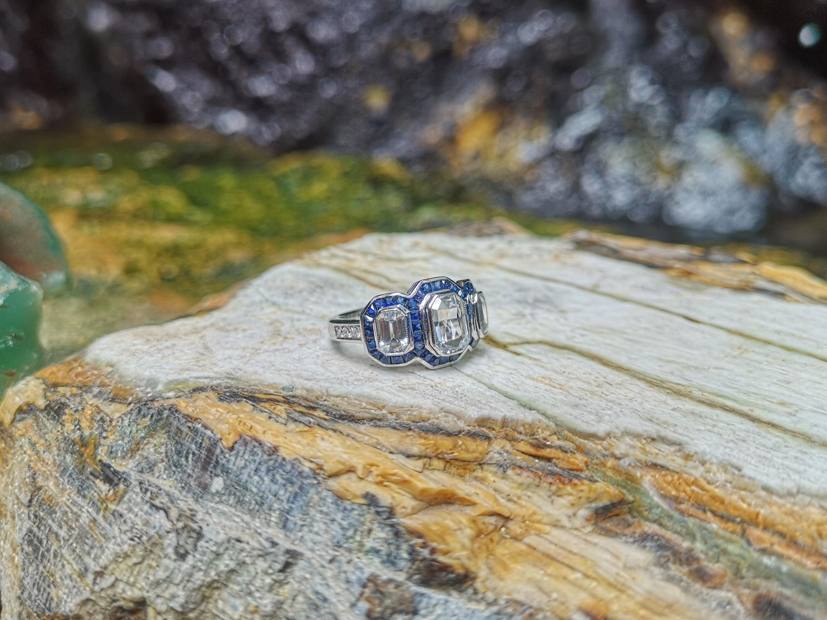 Women's or Men's White Sapphire with Blue Sapphire and Diamond Ring Set in 18 Karat White Gold For Sale