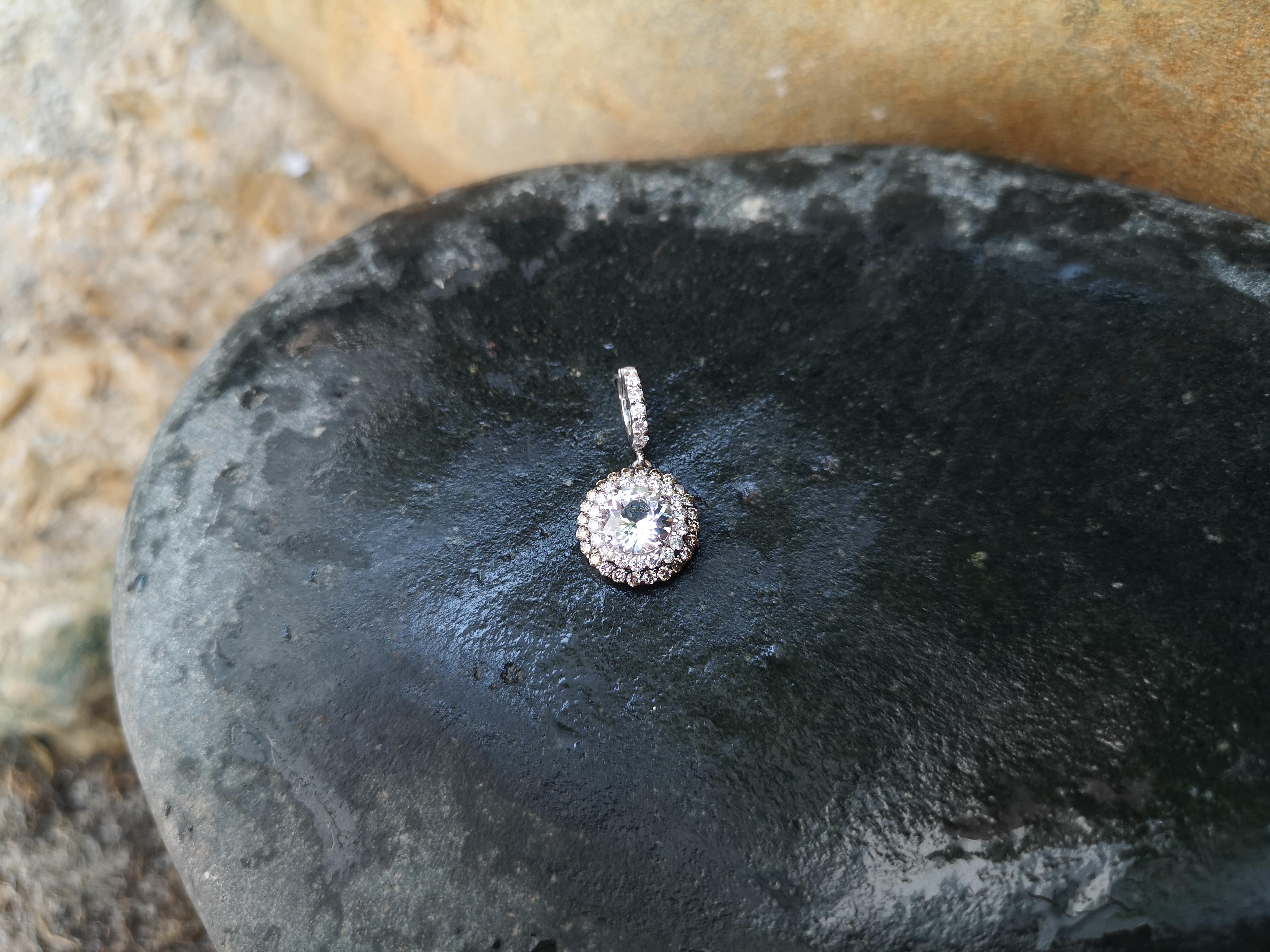 Round Cut White Sapphire with Brown Diamond and Diamond Pendant Set in 18 Karat White Gold For Sale